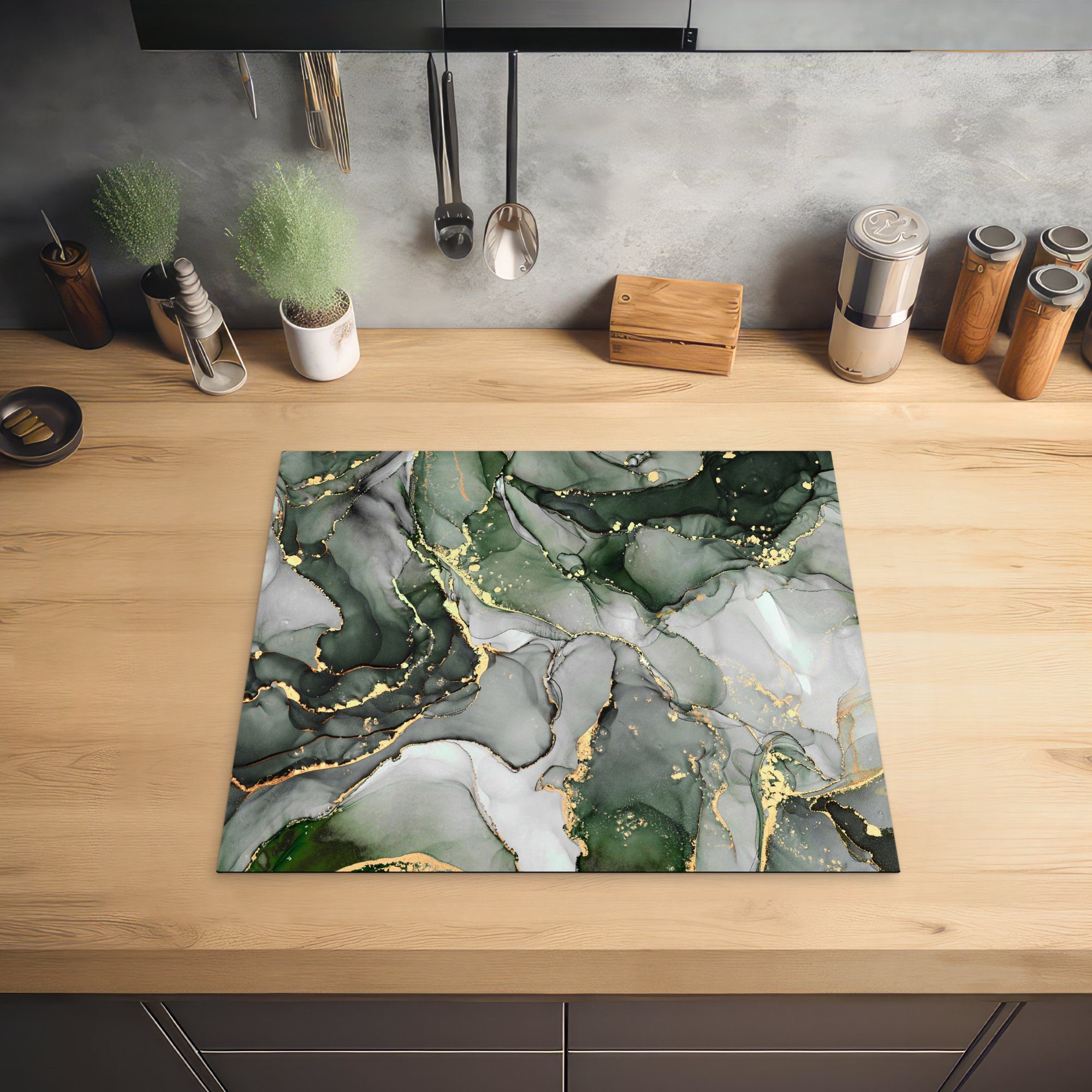 MuchoWow Herd-Abdeckplatte Luxus - Marmor - Grün, Vinyl, (1 tlg), Cerankochfeld Abdeckung, Herd Abdeckplatten Vinyl, 58.3x51.3 cm