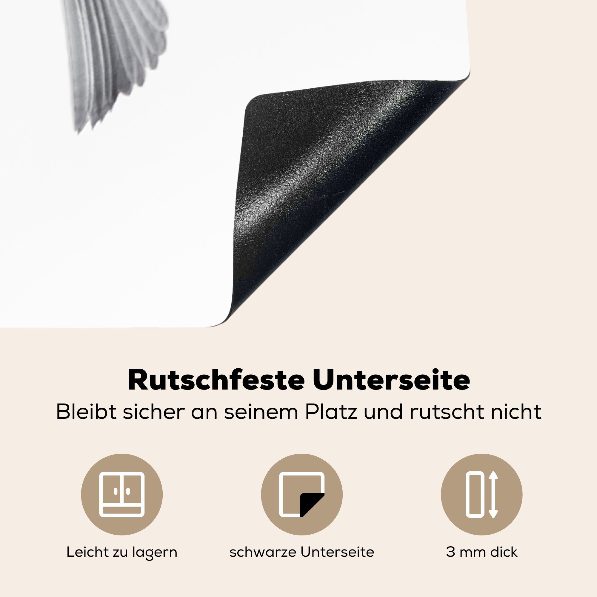 Federn Weiß, - Schutz (1 Herdblende-/Abdeckplatte die Schwarz cm, Vogel Ceranfeldabdeckung - tlg), Vinyl, Induktionskochfeld - küche, MuchoWow 81x52 für