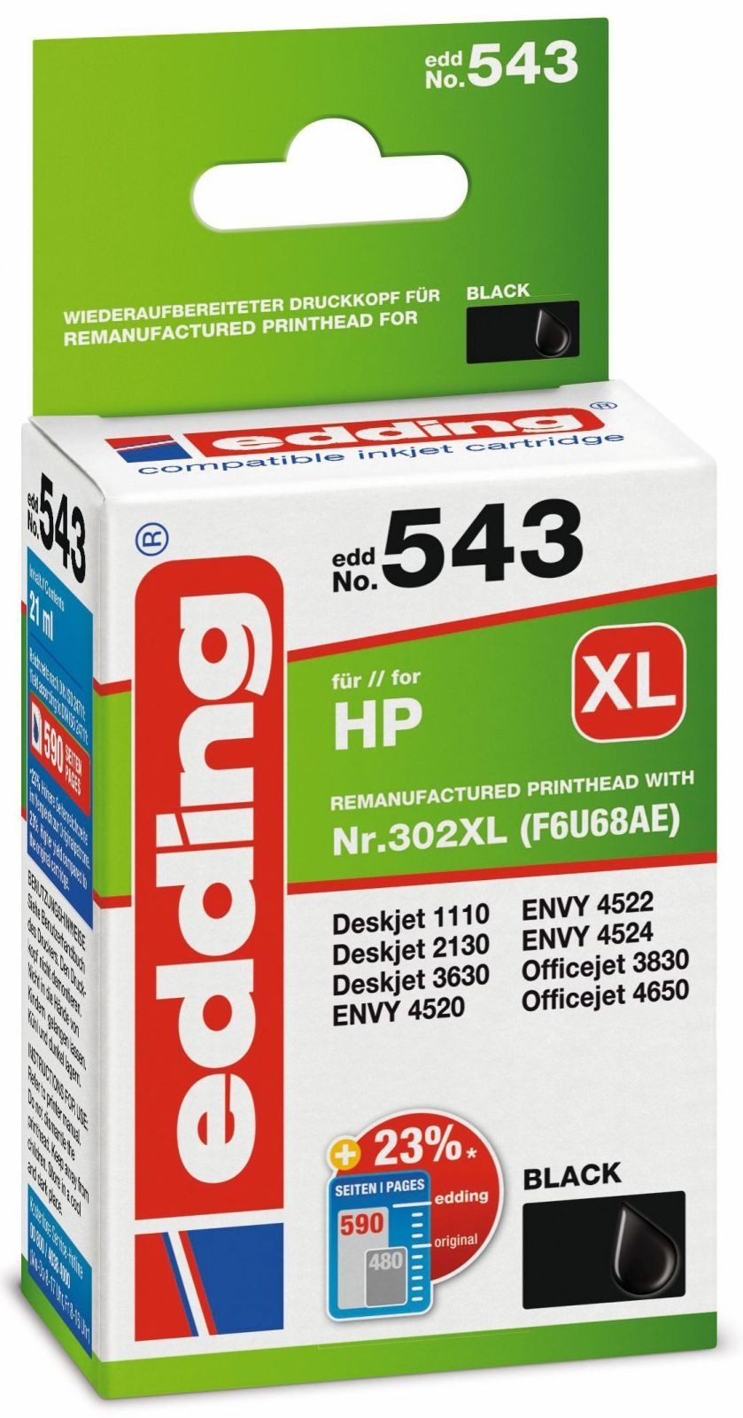 edding Tintenpatrone kompatibel mit HP 302XL (F6U68AE) black Nachfülltinte (x)