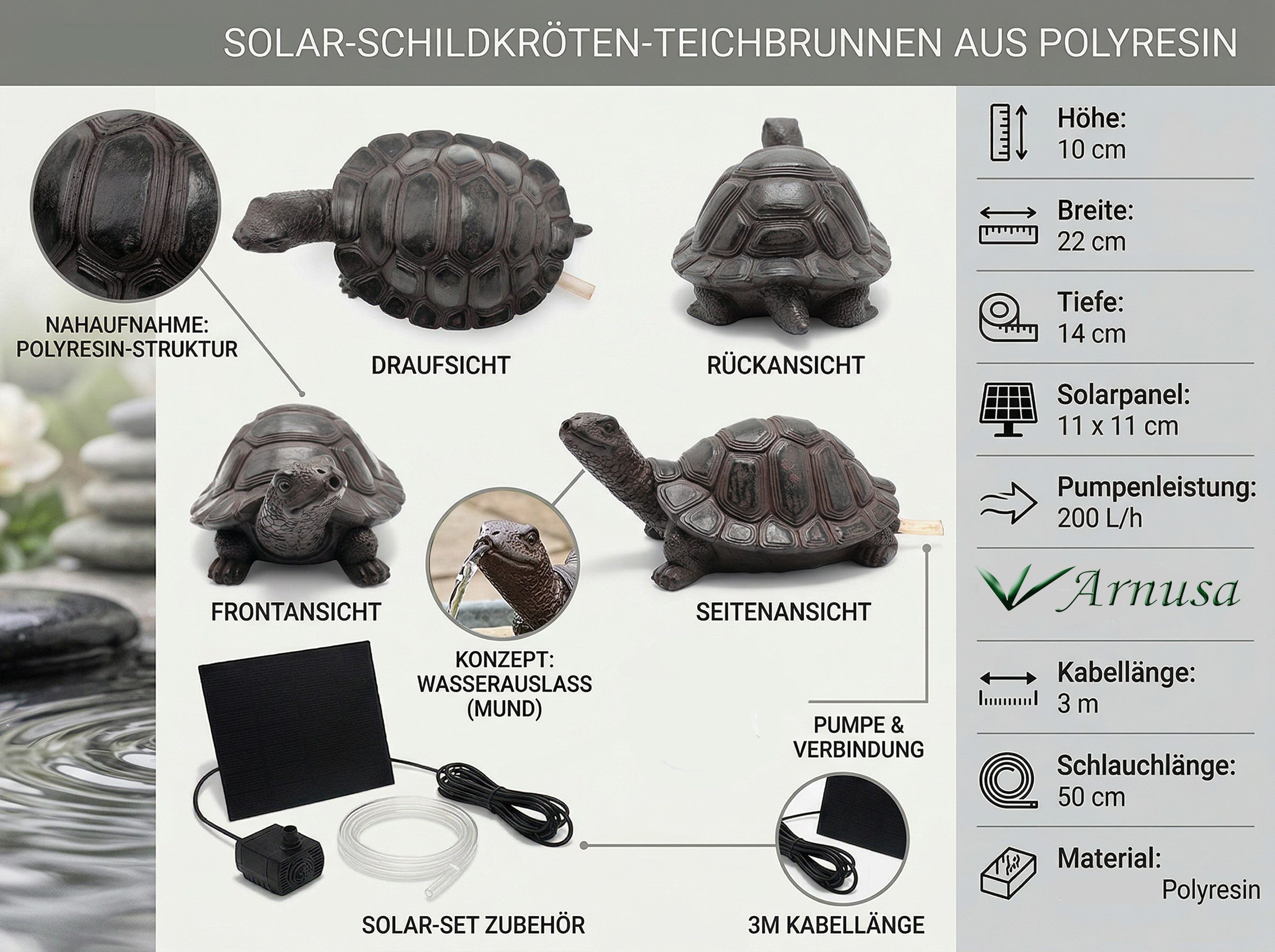 Arnusa Wasserspeier Solar Springbrunnen Schildkröte mit Pumpe Wasserspiel Teich, Teichdekoration Gartenfigur Komplett-Set