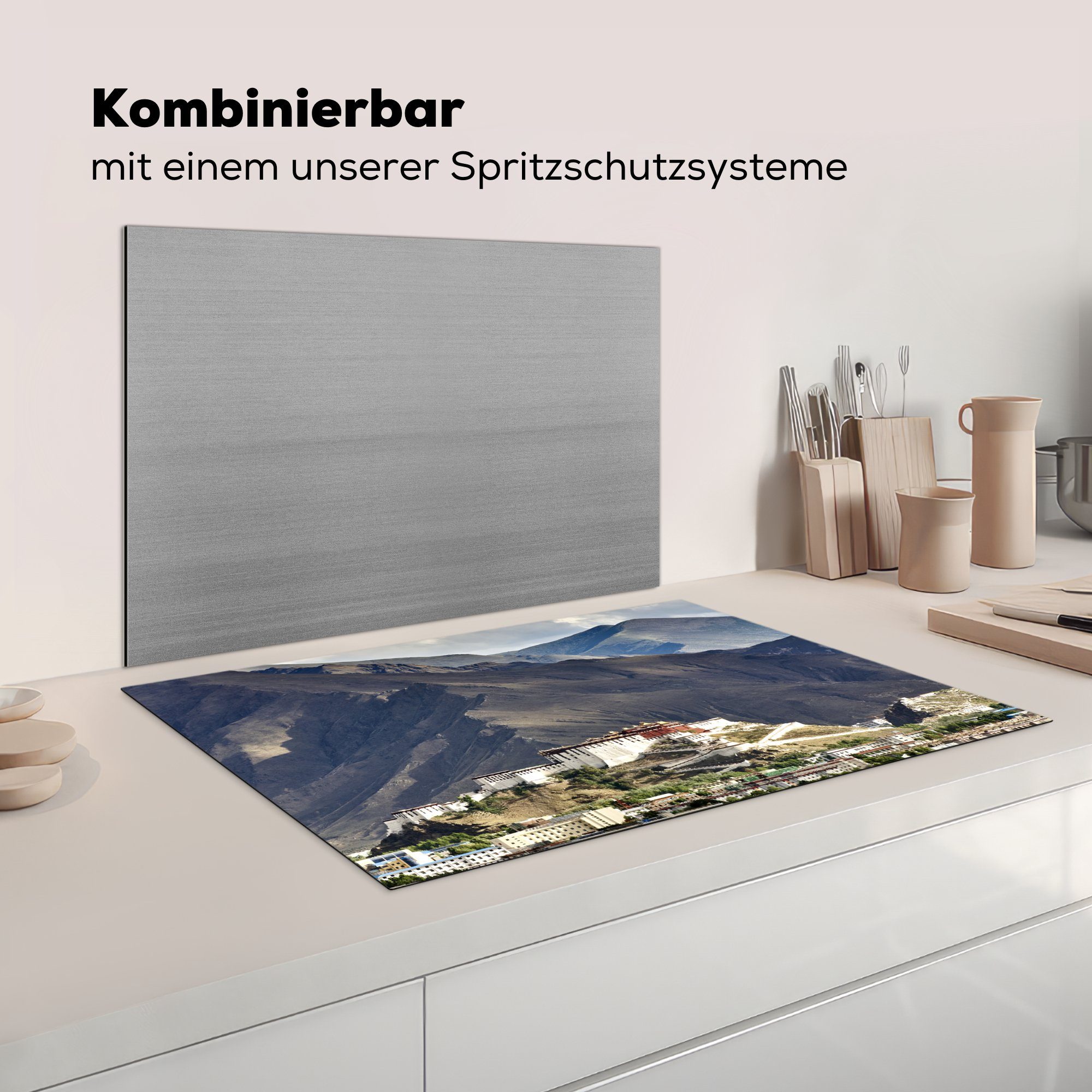 Induktionskochfeld die Berge Ceranfeldabdeckung MuchoWow Vinyl, (1 für küche, tlg), auf Schutz die 81x52 Blick cm, Herdblende-/Abdeckplatte Potala-Palast den Lhasa, und in