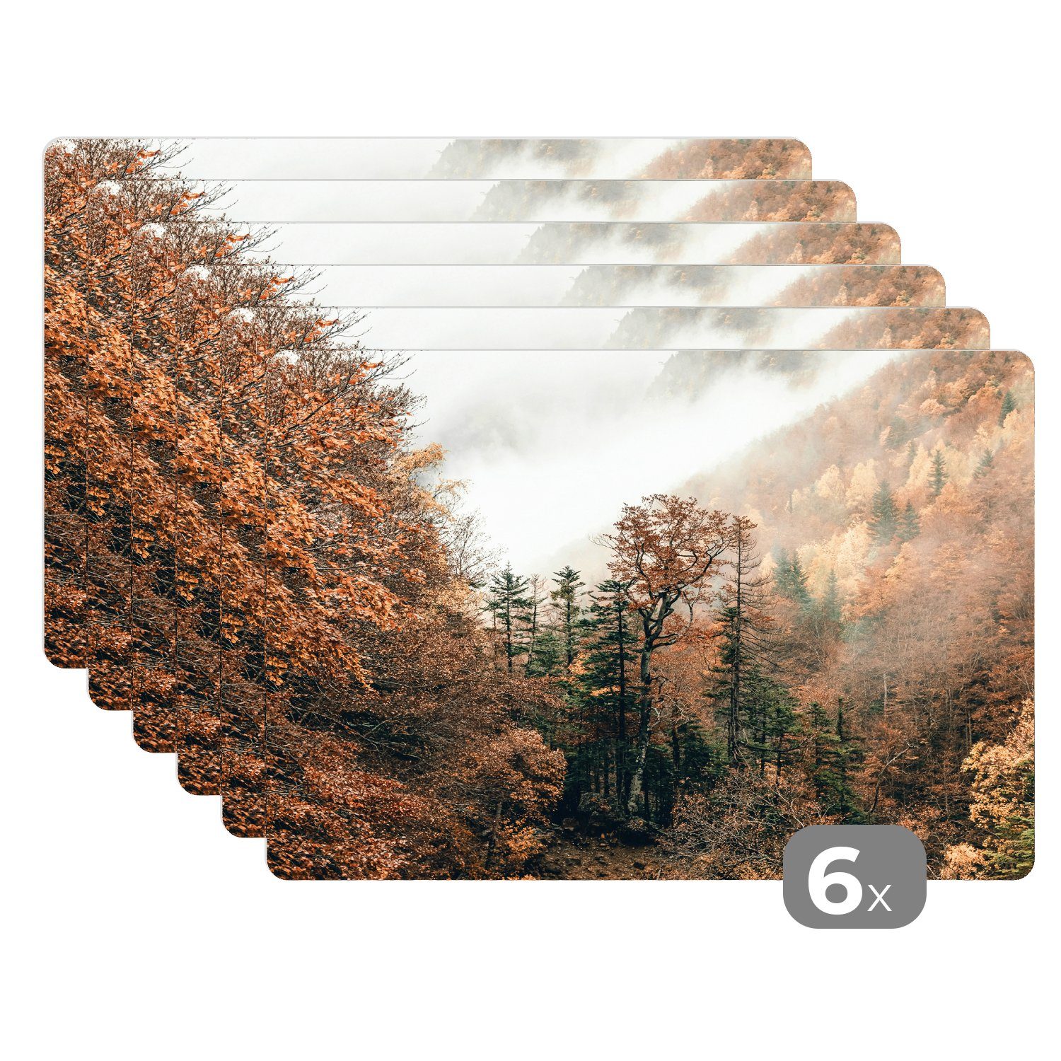 Platzset, Natur - Wald - Nebel - Herbst, MuchoWow, (6-St), Platzset, Platzdecken, Platzmatte, Tischmatten, Schmutzabweisend