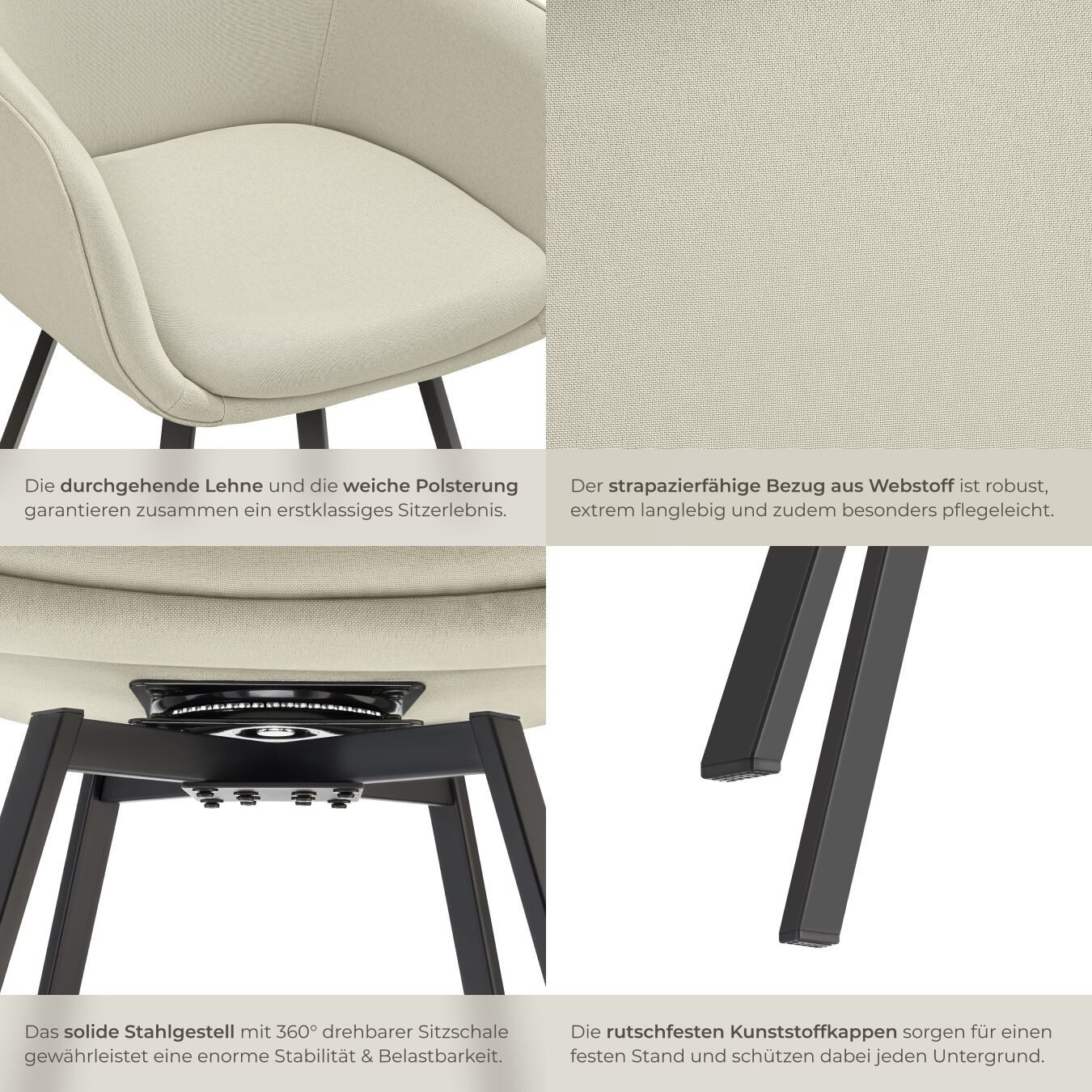 tectake Esszimmerstuhl Drehbarer Armlehnstuhl, Belastbarkeit 120 kg, 57 x 59 x 88 cm (Wohnzimmerstuhl Alicon in greige, 6 St), gepolstert, 360° drehbar, Stahlbe – Bild 5 von 5