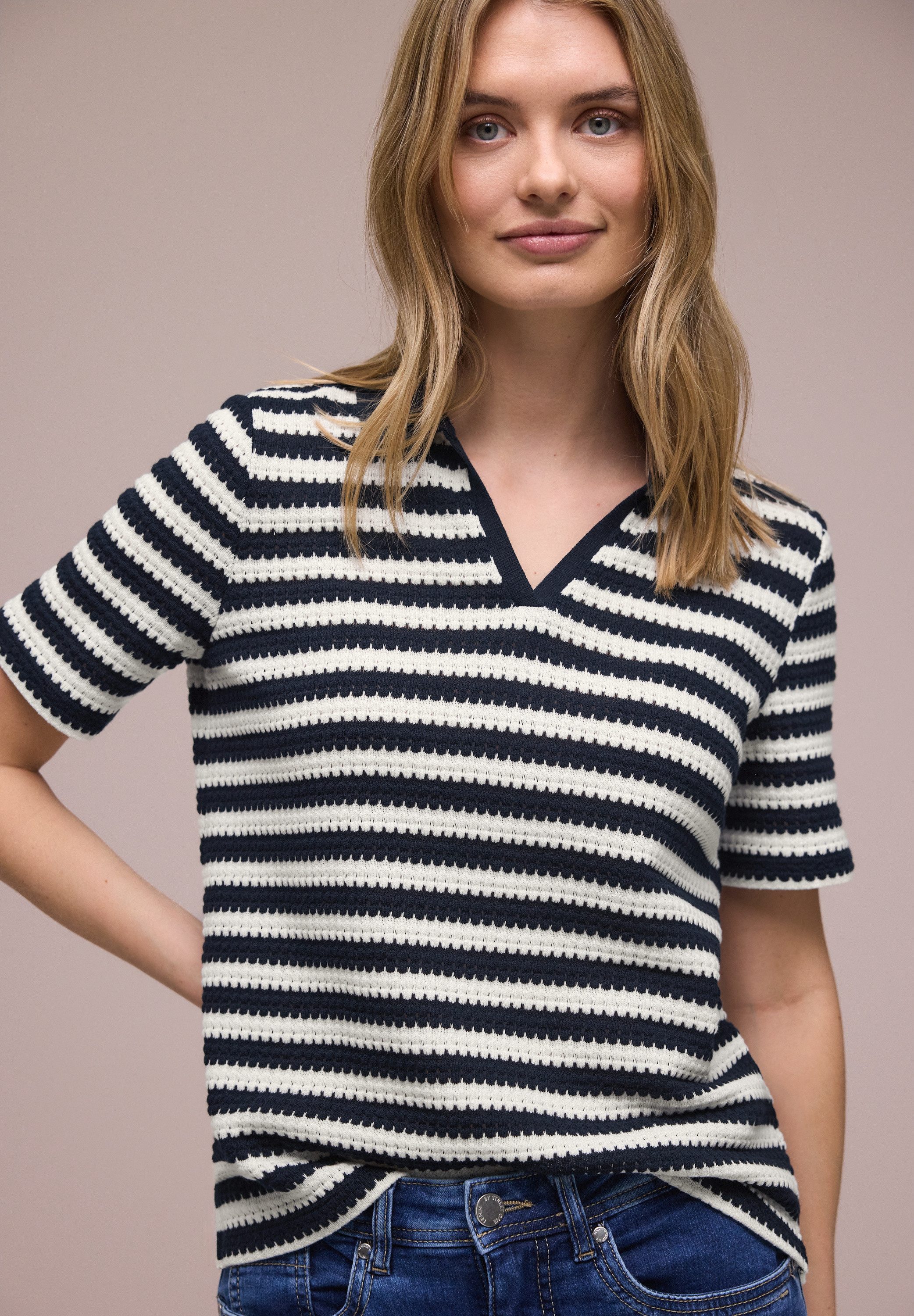 STREET ONE Poloshirt Sommer-Strick-Polo mit Streifen