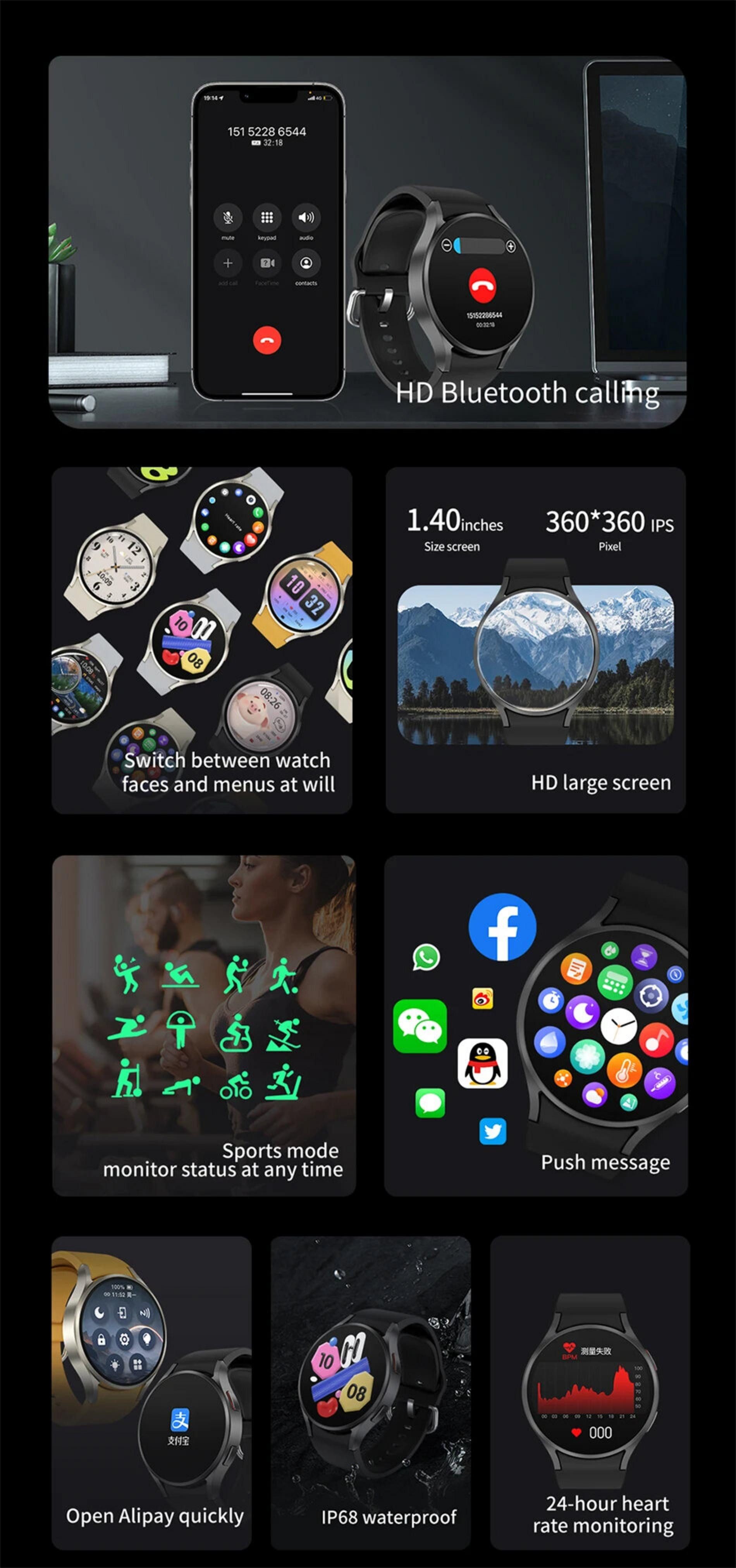 Nagham Ghazal Aswad Smartwatch Bluetooth-Anruf, AMOLED-Sprachanruf, NFC, GPS, Sport 2025 Smartwatch (4,4cm cm/1,39 Zoll)