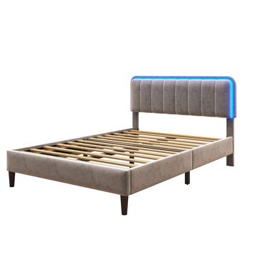 MODFU Polsterbett mit farbwechselnden LED-Lichtern, Samtstoff, mit Lattenrost (Doppelbett Jugendbett Flachbett 140*200 cm), ohne Matratze