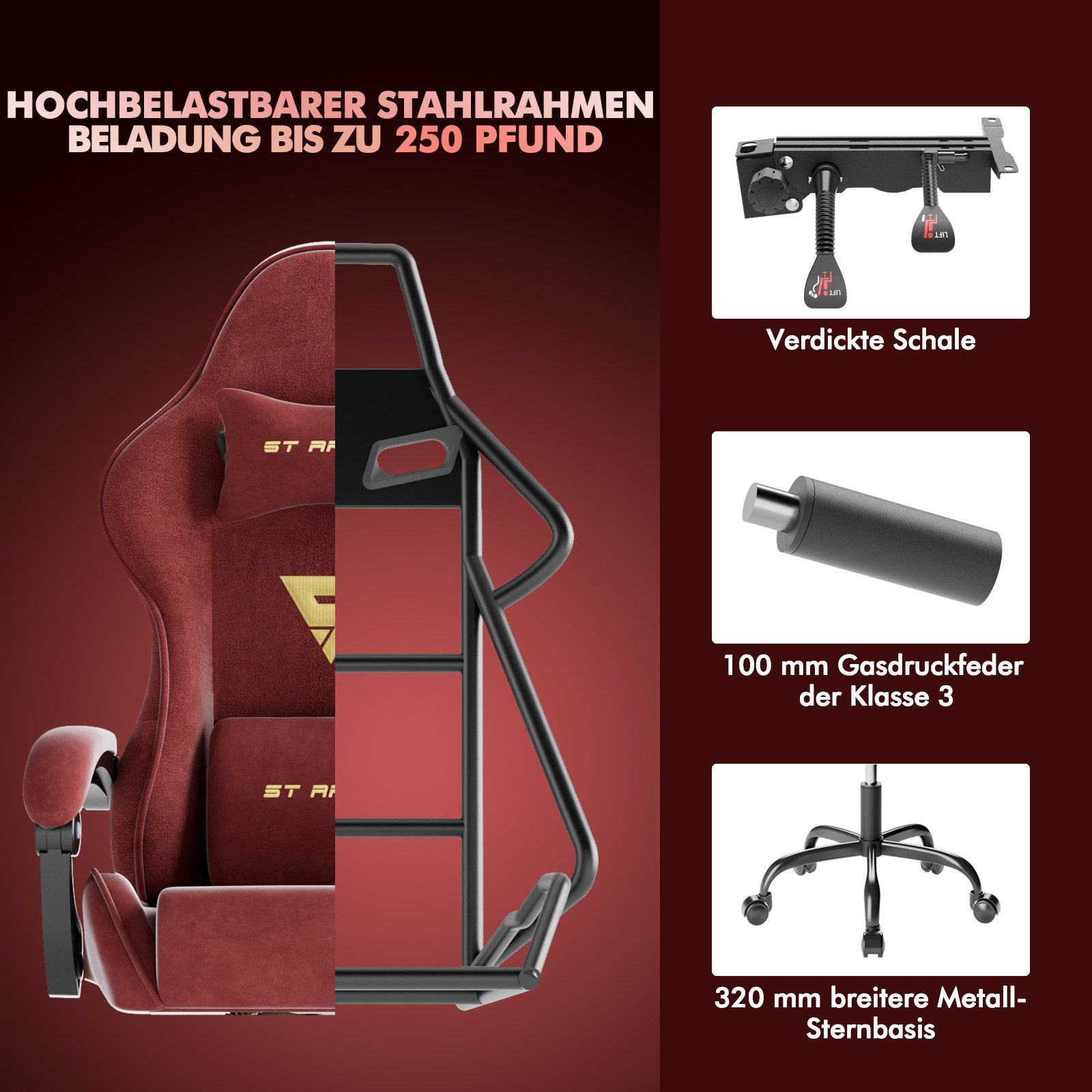 Ferghana Gaming-Stuhl Gaming-Stuhl: Kopfstütze, Lendenkissen, Armlehnen, Fußstütze (Packung), Ergonomischer PC-Stuhl,Rückenlehne 90°-125° – Bild 5 von 5