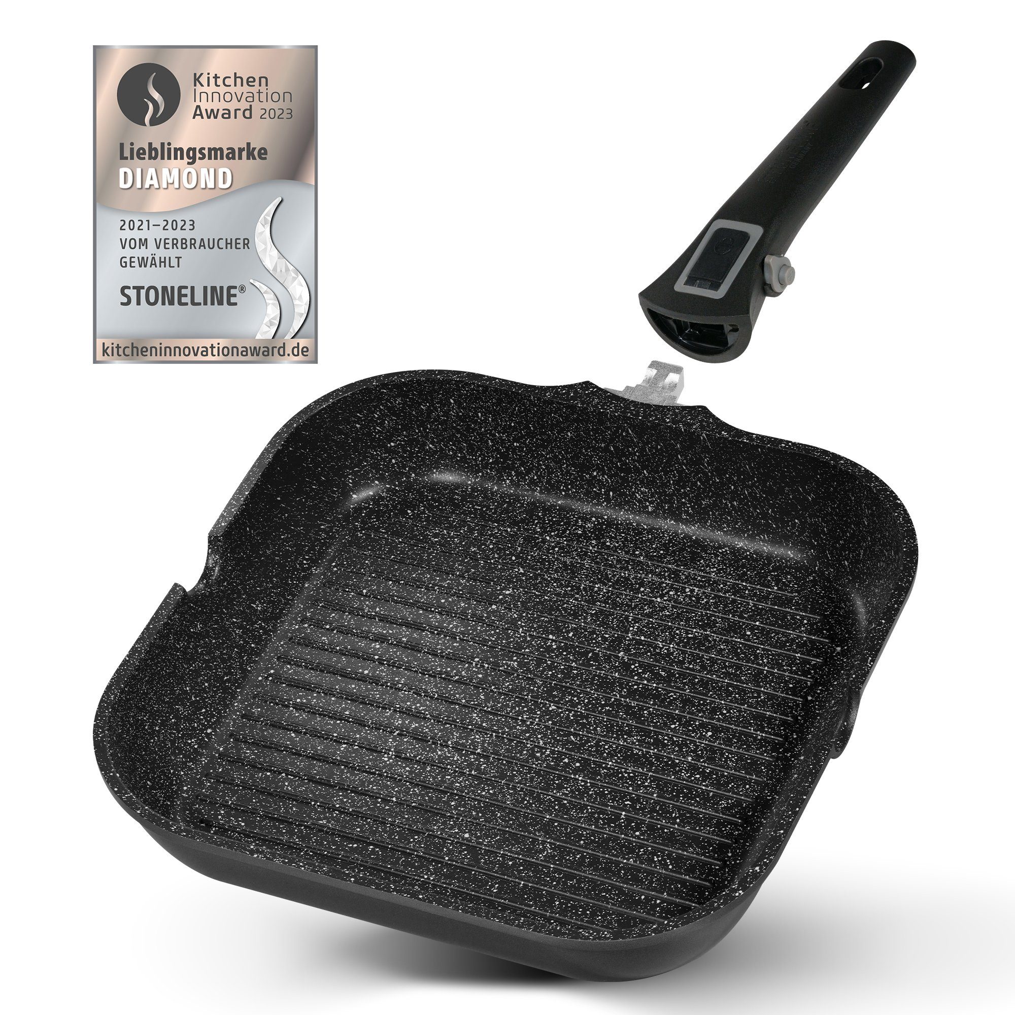 STONELINE Grillpfanne mit abnehmbarem Sicherheitsgriff mit echten Steinpartikeln, Aluminium (1-tlg), mit echten Steinpartikeln, induktionsgeeignet, Designed in Germany