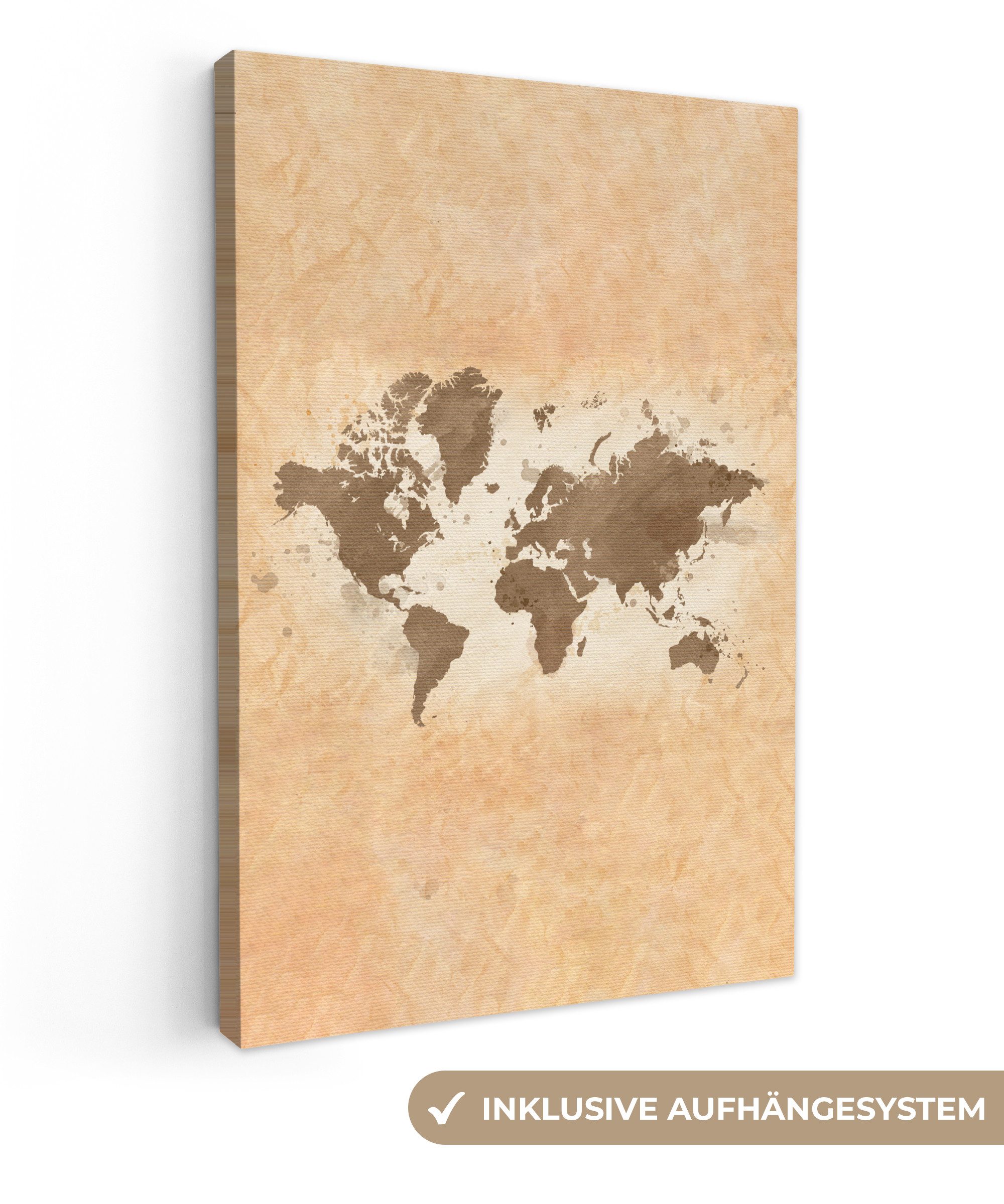 OneMillionCanvasses® Leinwandbild Weltkarte - Beige - Braun, Fotodruck (1 St), Leinwand Canvas Wandbild, Wanddekoration 20x30 cm