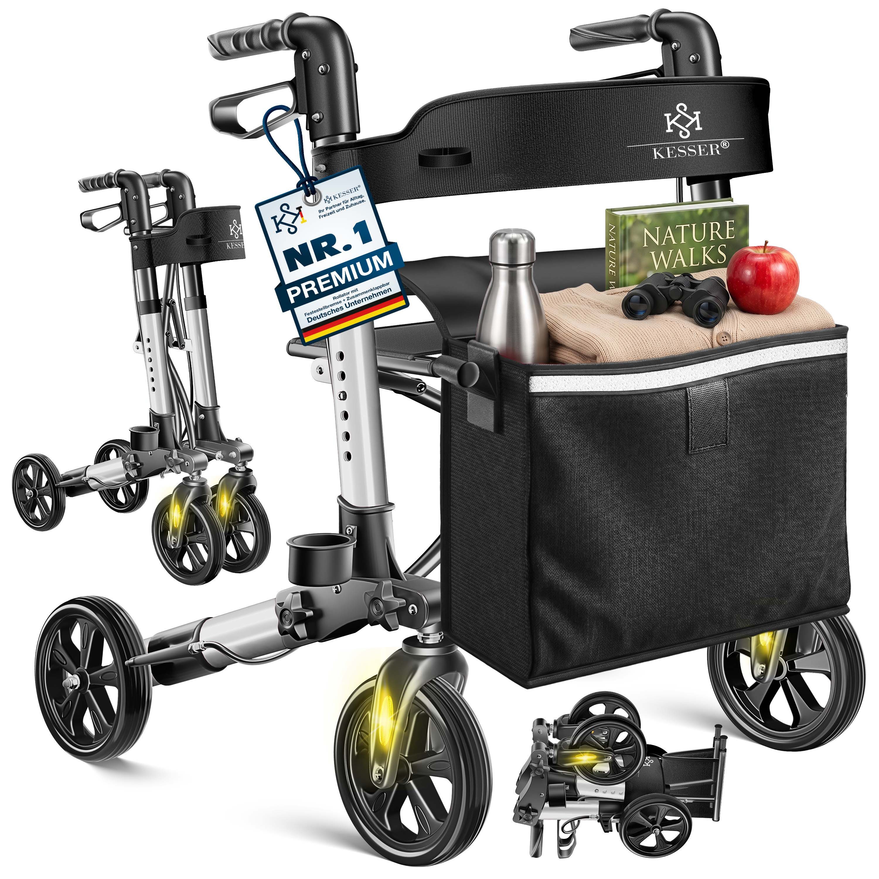 KESSER Rollator Aluminium – faltbar, höhenverstellbar & bis 136 kg belastbar, wetterbeständig, Tasche, Stockhalter, Reflektoren, 360° Gelände Reifen