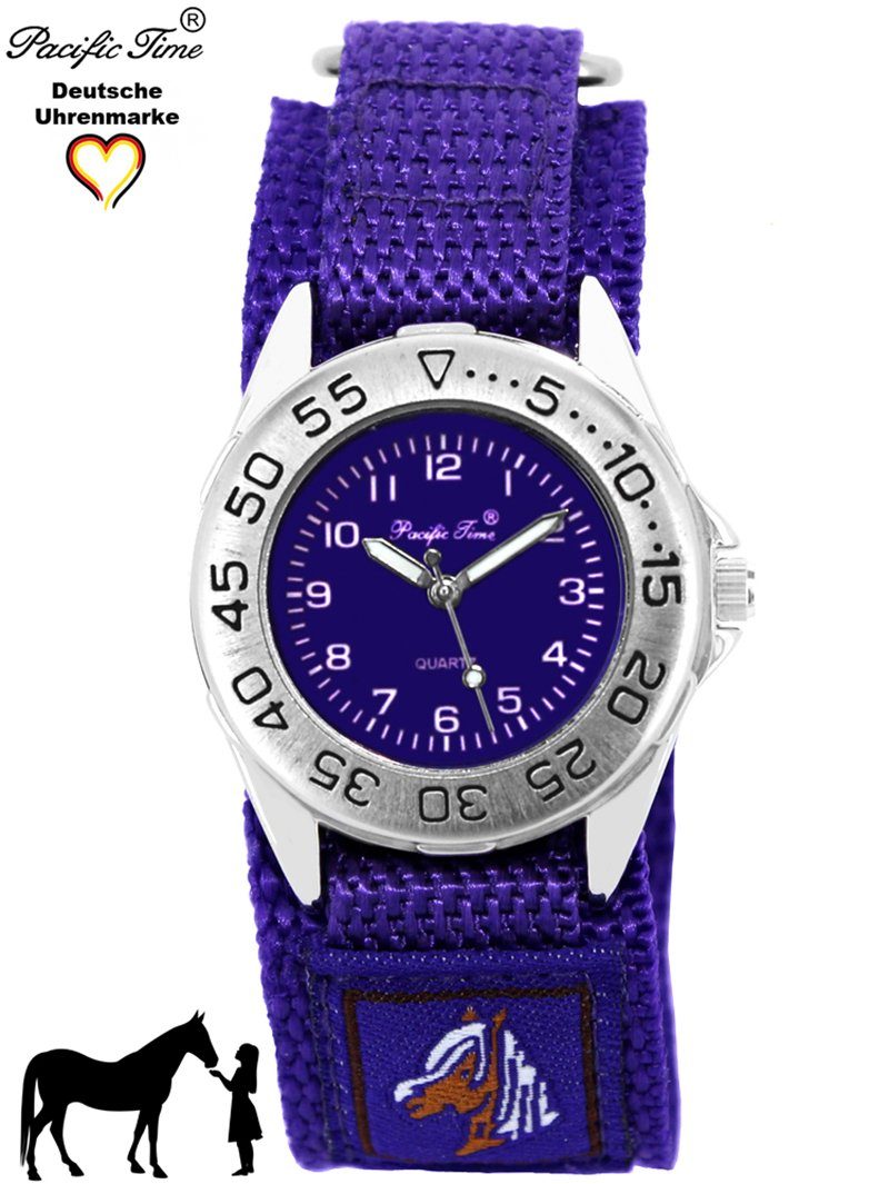 Armbanduhr Quarzuhr Gratis Pacific Stoffarmband Klettverschluß, Pferd Kinder Versand violett Time