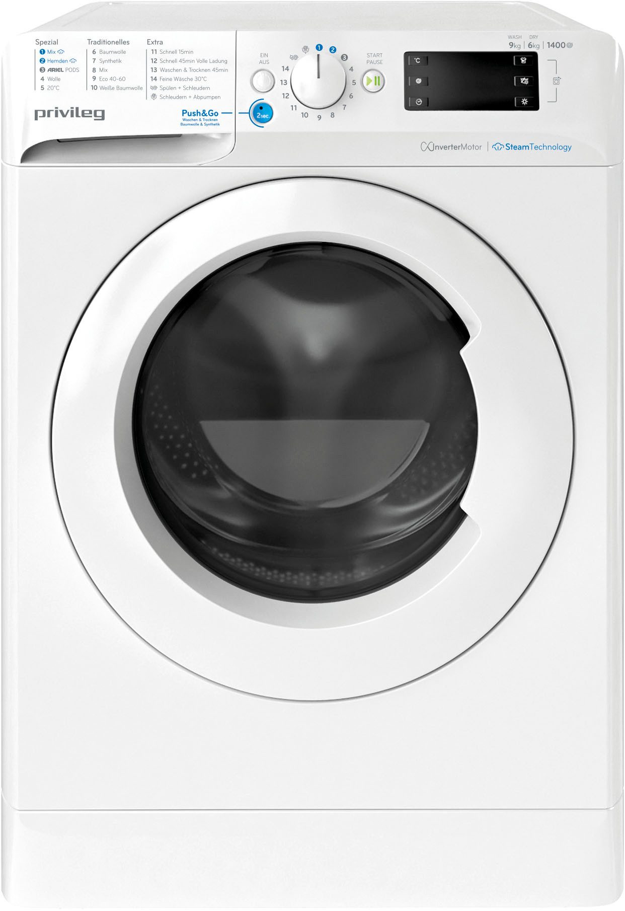 Privileg Waschtrockner PWWTV X 96H69, 9 kg, 6 kg, 1400 U/min, Push&Go mit Steam – reduziert die Bügelzeit um bis zu 30%*