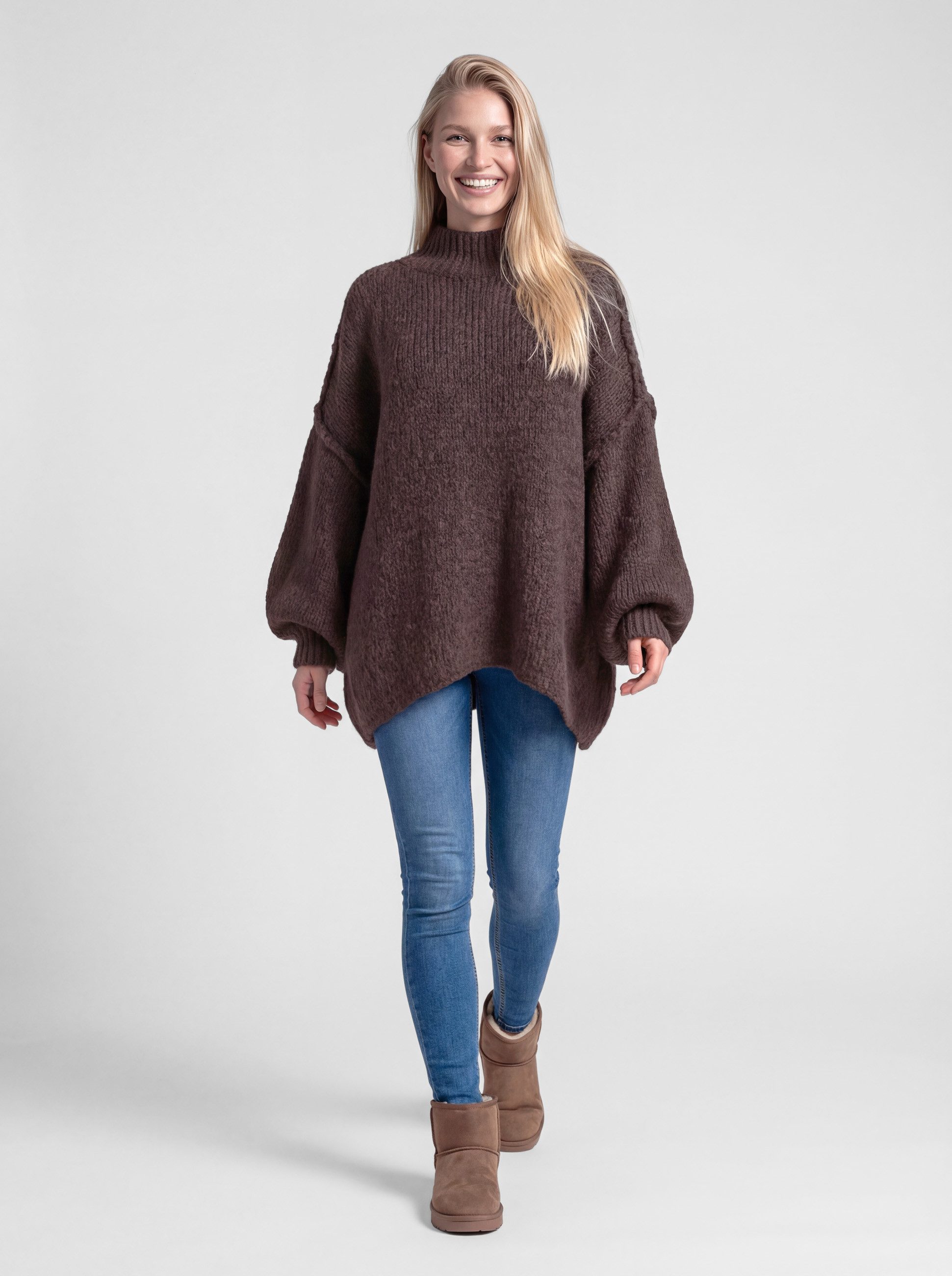 PEKIVESSA Strickpullover Ultra-Oversized Grobstrick-Pullover mit Ziernähten an den Ballonärmeln