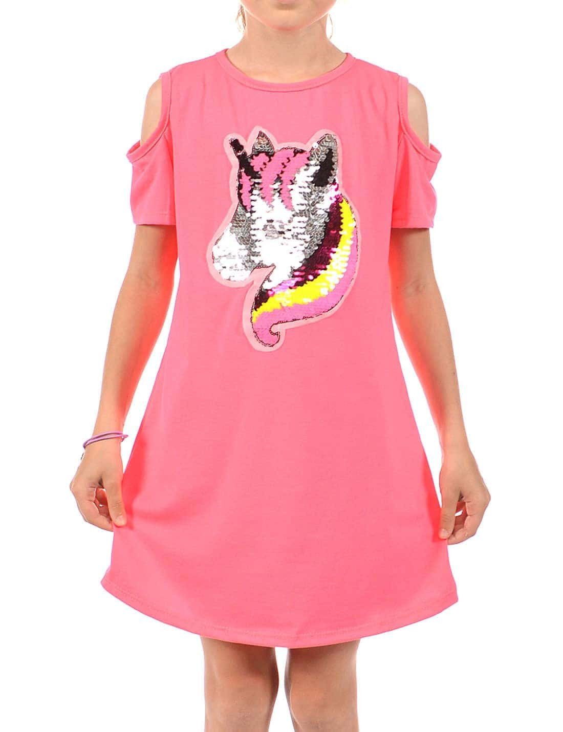 Wende (1-tlg) Pink Kleid Paillettenkleid Einhorn-Motiv zu Mädchen bequem tragen KMISSO Pailletten