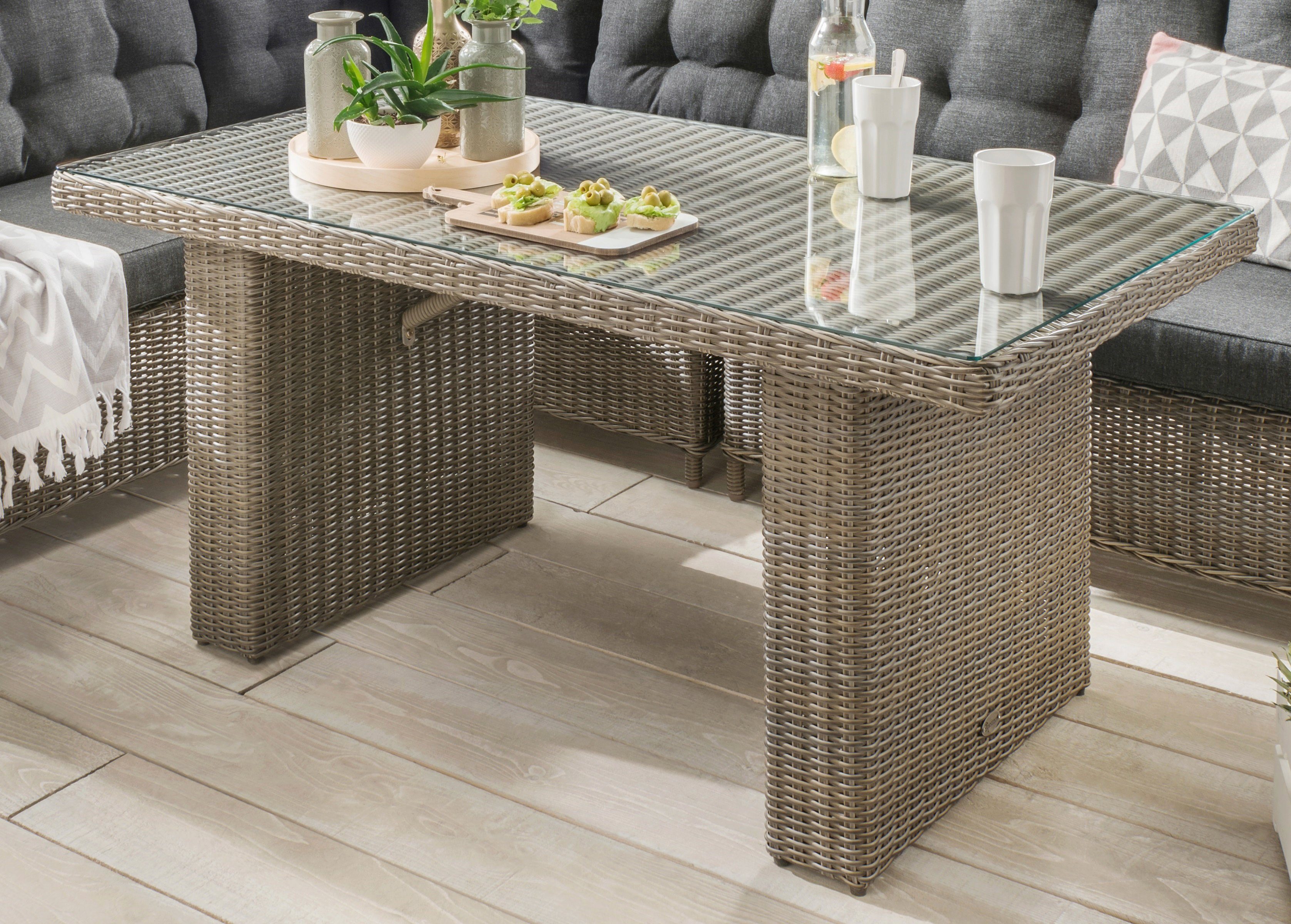 Destiny Garten-Essgruppe PALMA, (19-tlg., 2x Schenkel, 1x Eckmodul, 1x Singlemodul, 1x Tisch, inkl. Auflagen), Aluminium, Polyrattan
