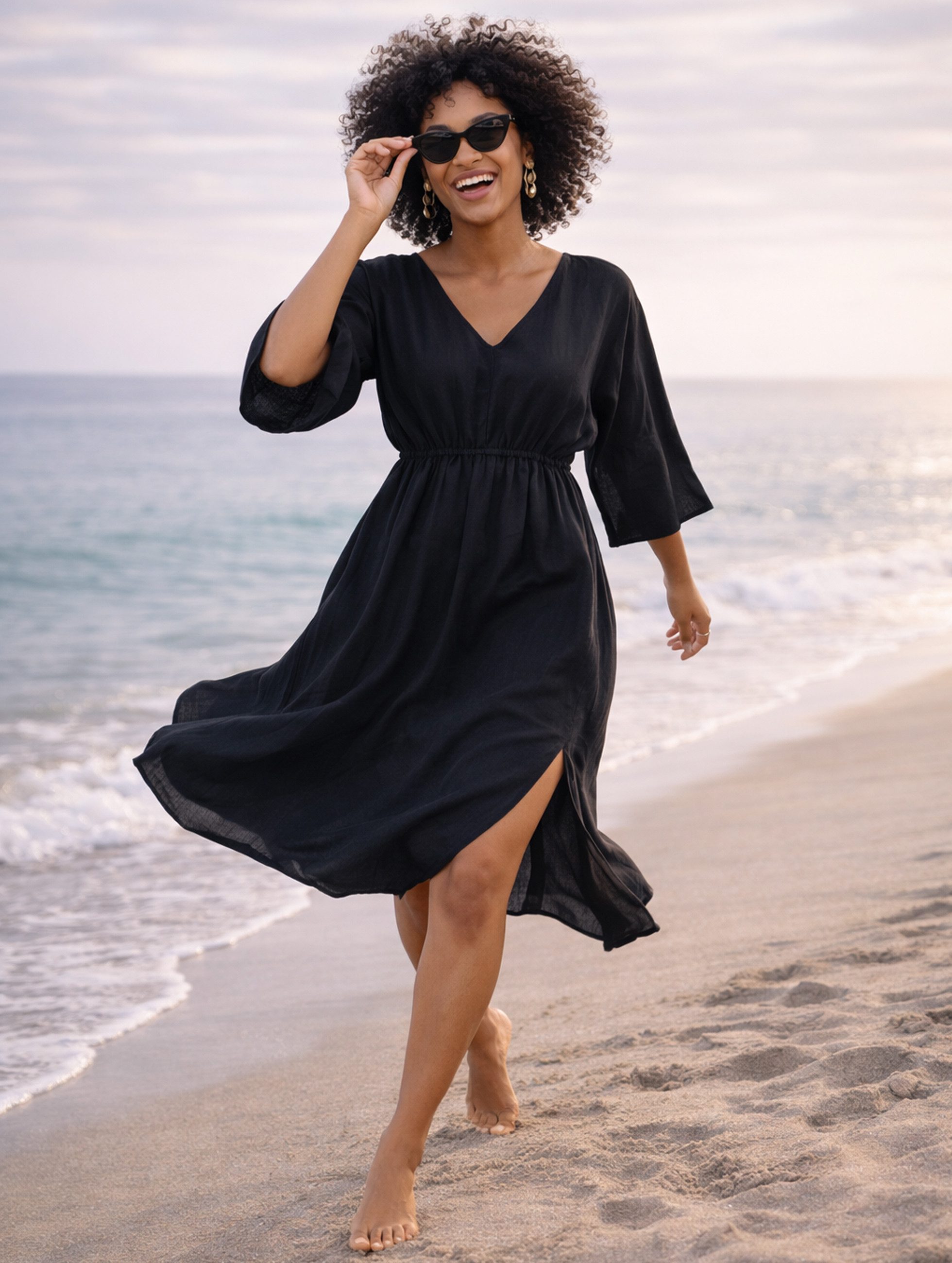 YC Fashion & Style Sommerkleid Damen Leinen mit V-Ausschnitt und Kimono-Ärmeln in Unifarbe