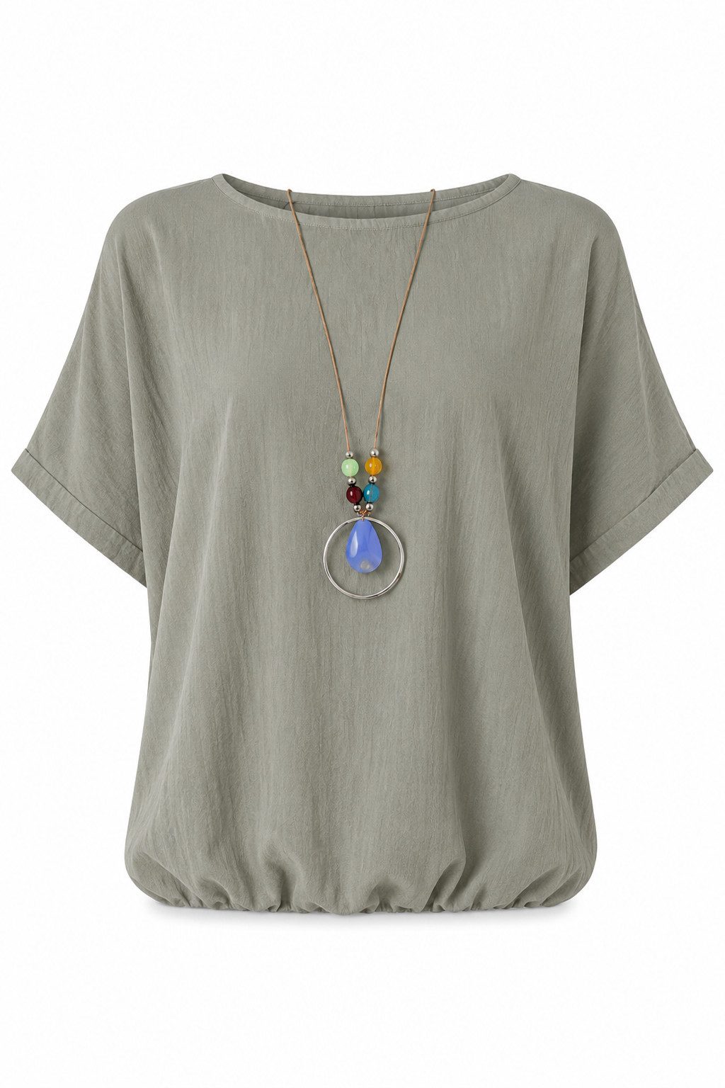 ITALY VIBES Kurzarmbluse - Blusenshirt Damen - leichte Sommerbluse mit Gummibund und Kette Gratis Kette zu jeder Bluse! / ONE SIZE - passend von Größe S bis L