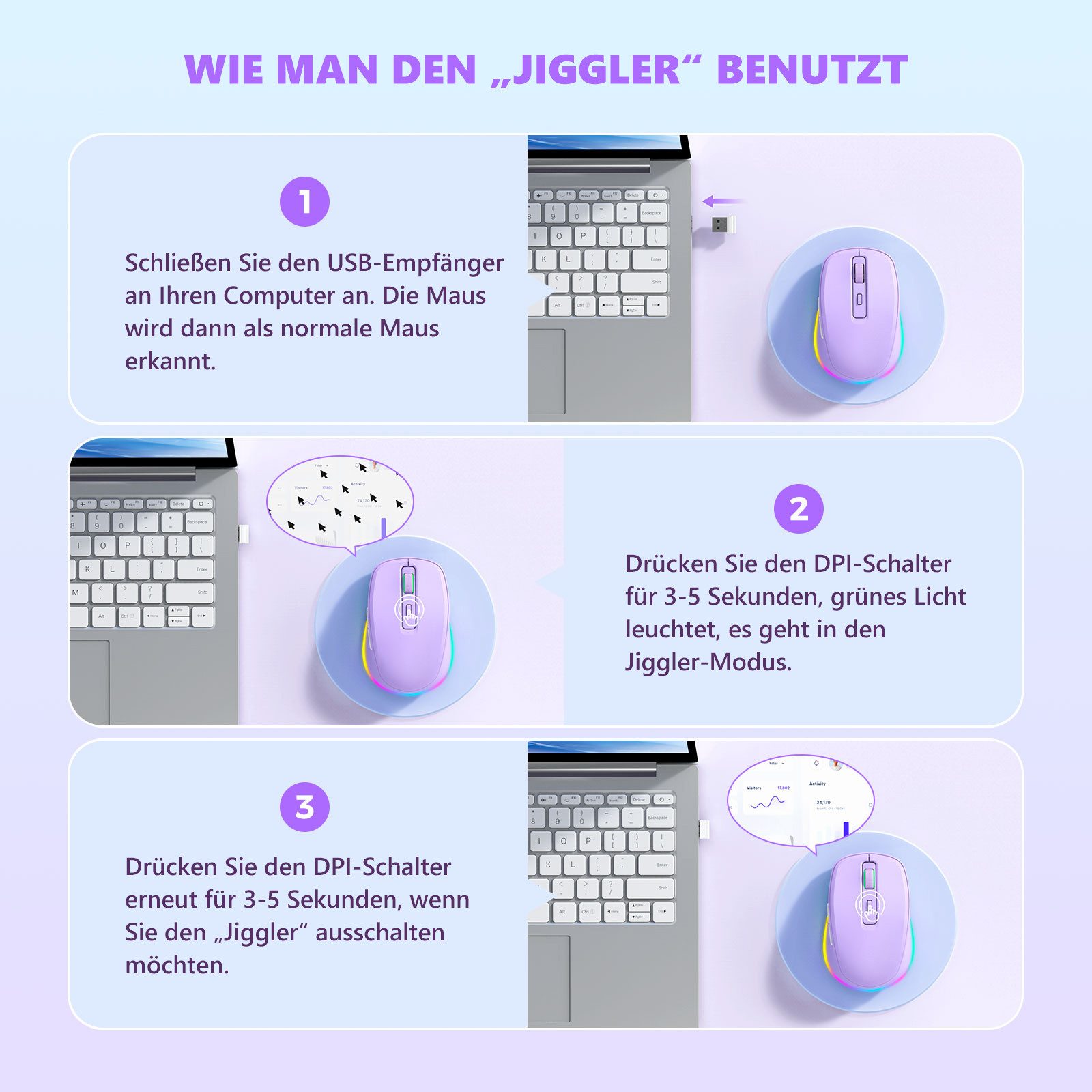 Seenda JY203 Kabellose Maus Wiederaufladbar mit Maus Jiggler Leise Beleuchtet Maus (Funk, 2000 dpi, 2.4Ghz Kabellos, aufladbar, Jiggler)