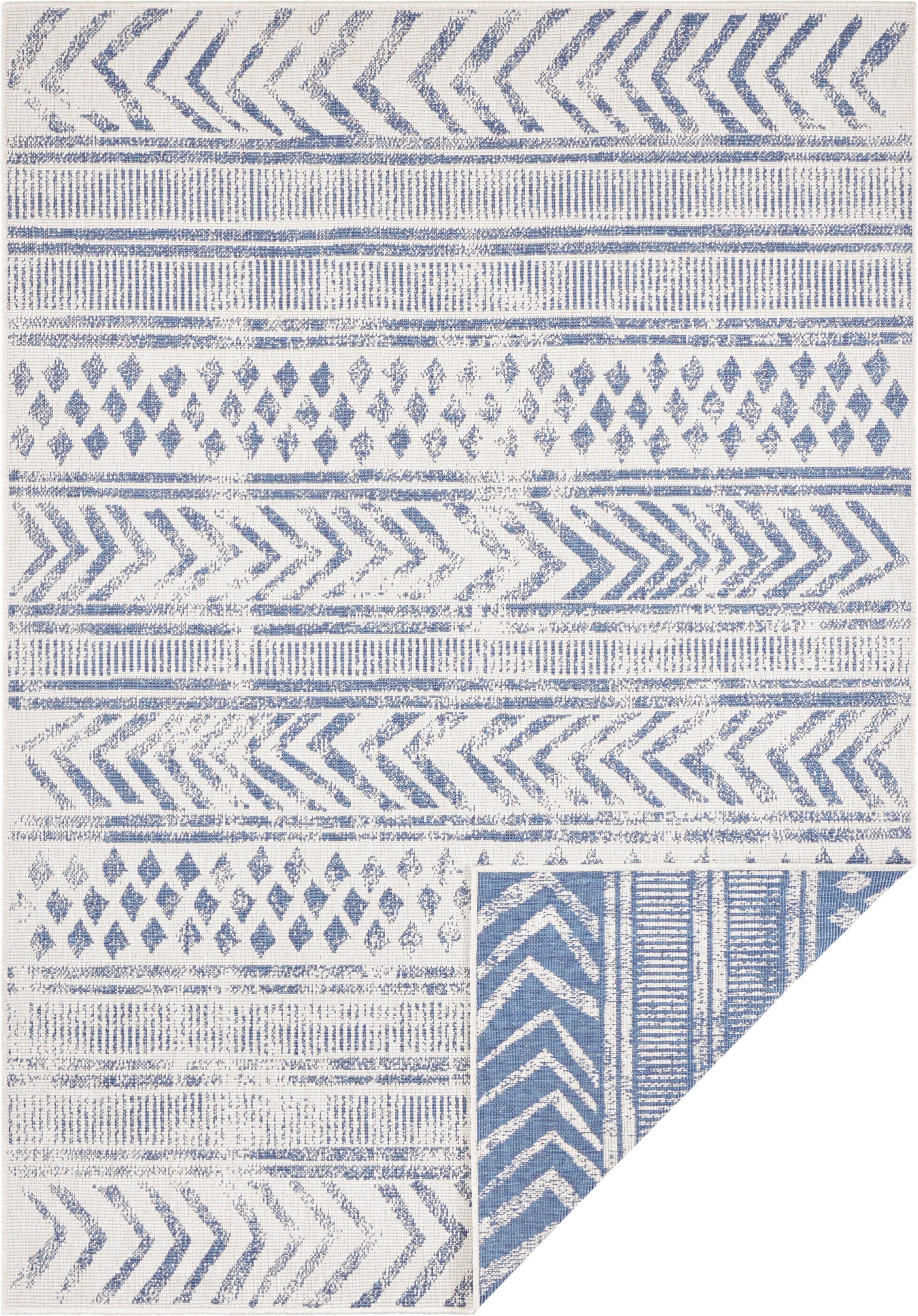 Wetterfest, Boho NORTHRUGS, 5 BIRI Wendeteppich, Outdoor, In-& Garten, Balkon, Wasserfest, Wohnzimmer, mm, rechteckig, Höhe: Teppich creme/blau