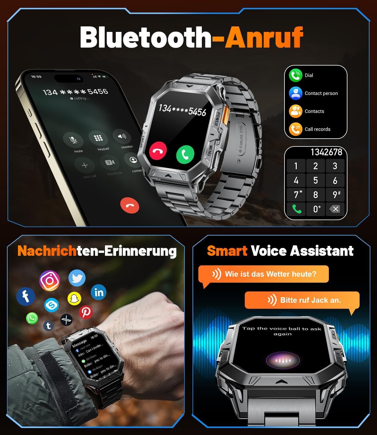 Lige Herren"s Militärisches Wearable;mit AMOLED Display & Bluetooth Anrufen Smartwatch (5,4 cm, Android iOS), Robustes Armbandgerät mit langer Akkulaufzeit und Gesundheitsmonitor