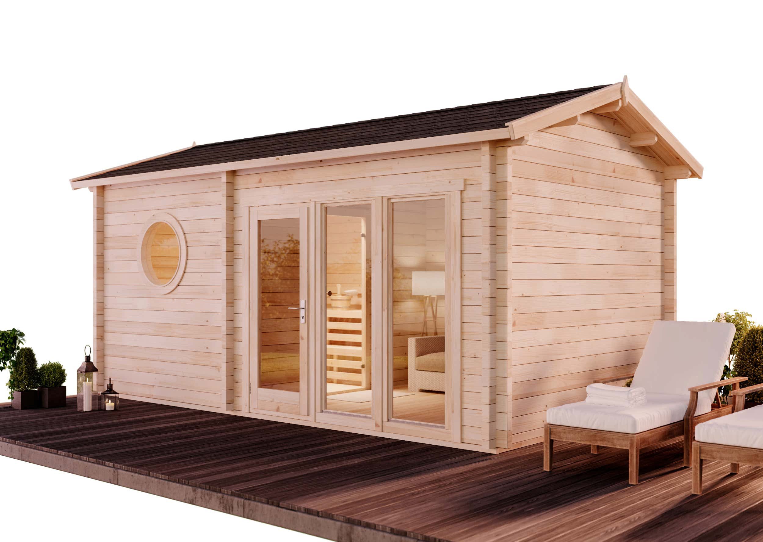 FinnTherm Saunahaus Genf-70, BxTxH: 581 x 356 x 290 cm, 70 mm, in Naturbelassen Inkl. Fußboden
