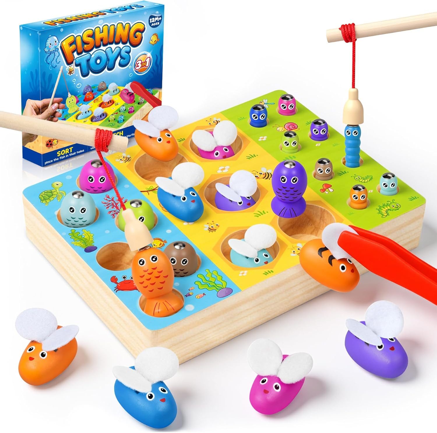 POPOLIC Lernspielzeug Spielzeug ab 2 Jahre, 3 in 1 Magnetische Angelspiel Motorikspielzeug (1-St., Spiele ab 2 3 Jahre, Montessori Spielzeug ab 2 3 Jahre, Holzspielzeug), Kinder Adventskalender, Geschenke für Mädchen Junge