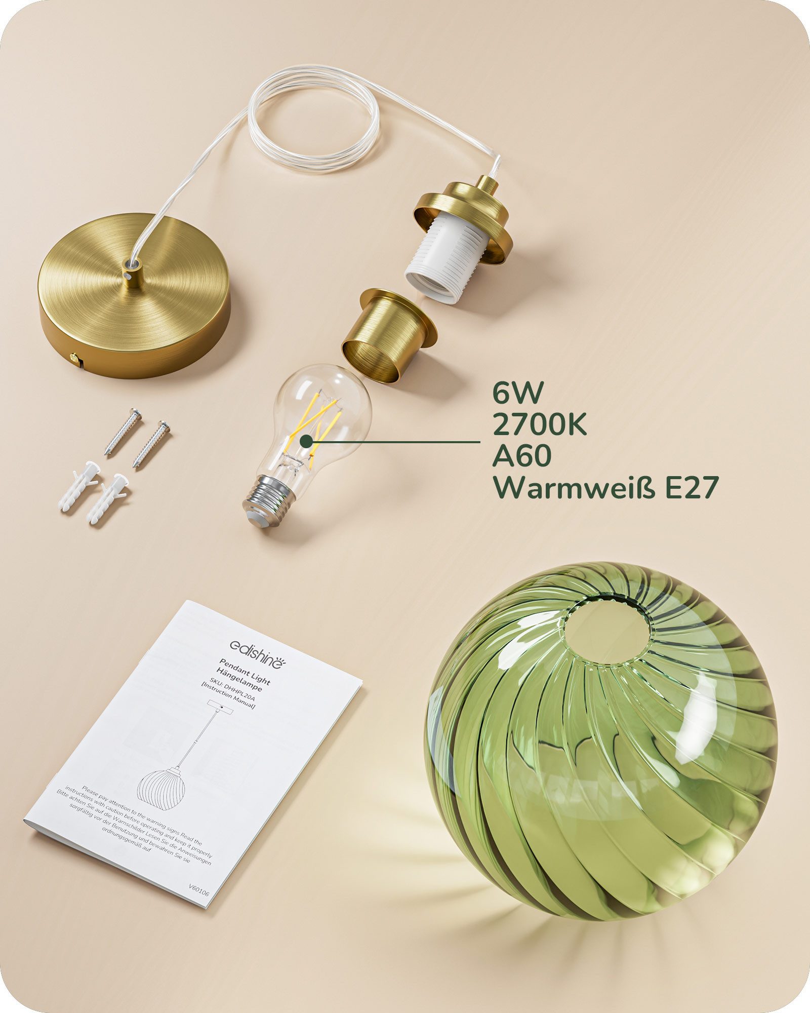 EDISHINE Pendelleuchte für Esstisch, Hängeleuchte mit Glas Lampenschirm, Höhenverstellbar, LED wechselbar, warmweiß, Hängelampe für Kücheninsel, Flur, Grün Lamp – Bild 4 von 5