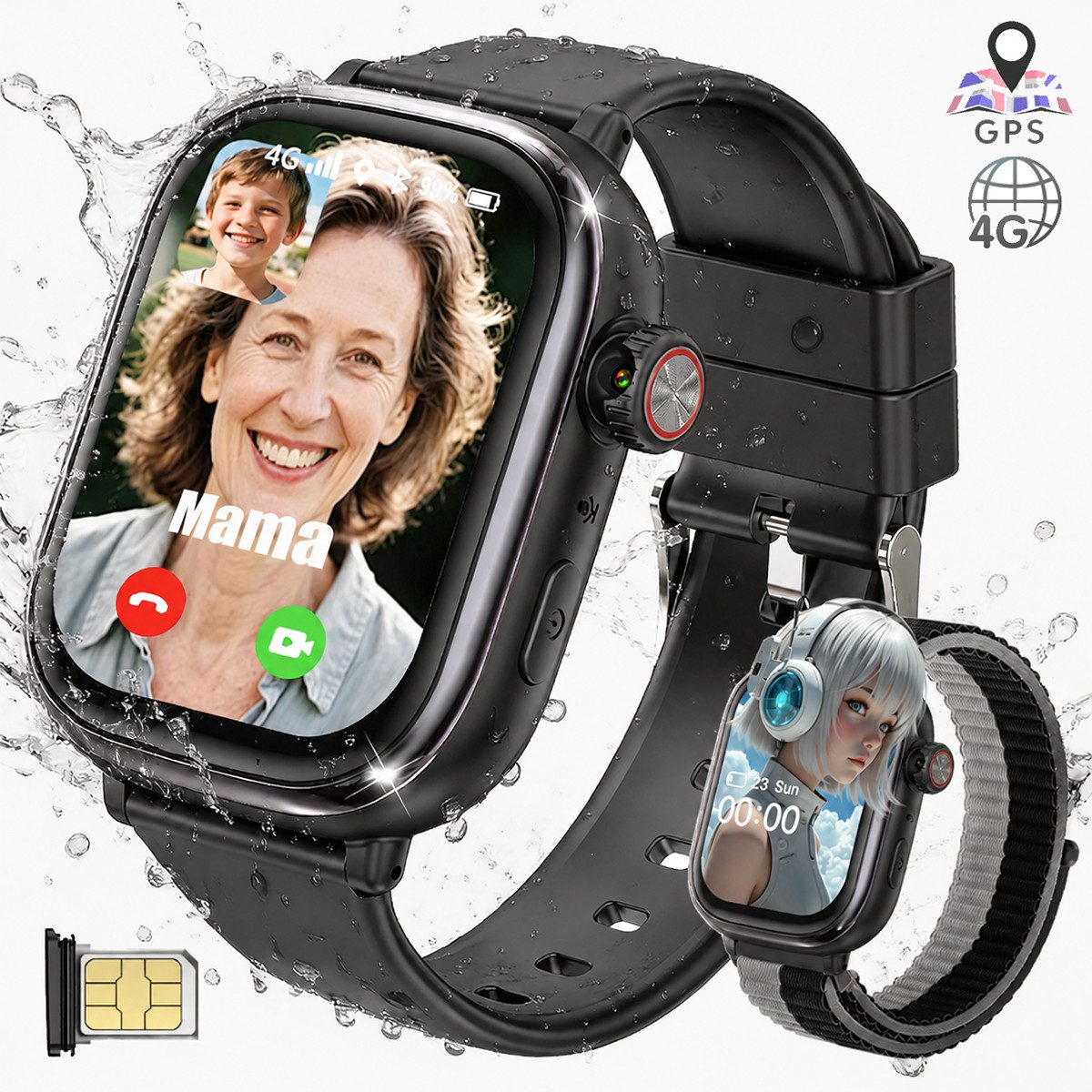Vashoy 2026 T86 Smartwatch Kinder mit GPS Ortung kinderuhr & SIM-Karte Smartwatch (5 cm/2 Zoll, Android/4G (LTE), 5-tlg., AMOLED-Display, Schulmodus, Schwenkbare HD-Kamera, schmaler Rand, GPS Tracker Kinder,SOS, Auflösung 368 × 448,Ein Geschenk für das Ki