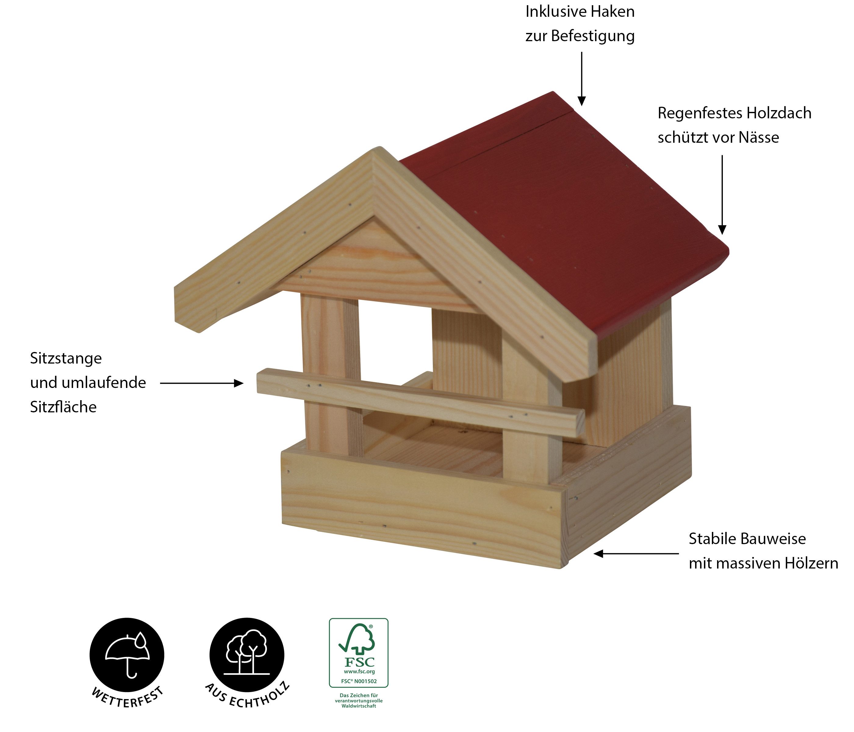 Dehner Vogelhaus Kaja für Wildvögel, Kiefernholz, 21.5 x 22 x 21.5 cm, aus stabilem, FSC®-zertifiziertem Kiefernholz