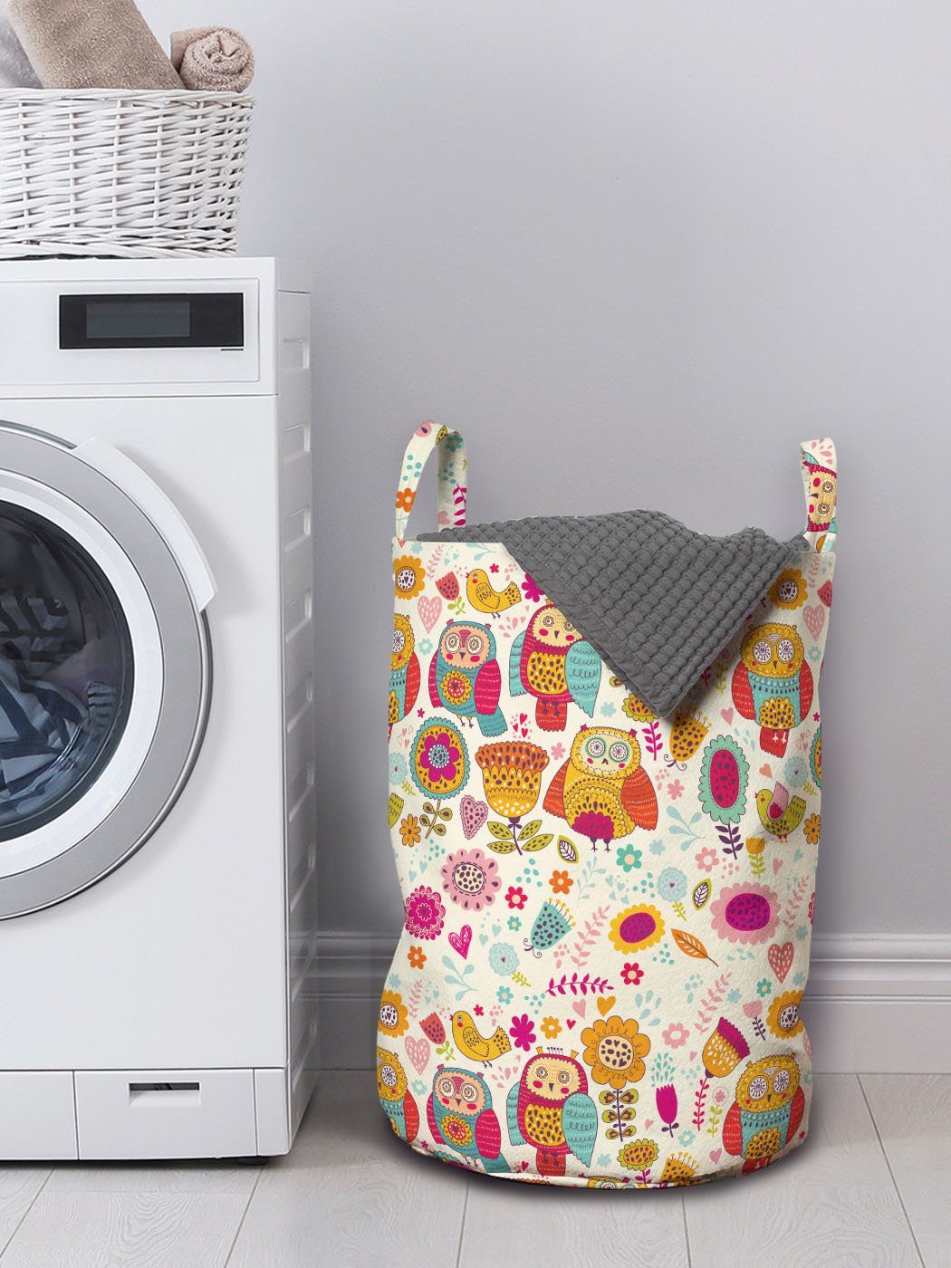 Abakuhaus Wäschesäckchen Wäschekorb mit Vogel Eule für Sechziger-Art Waschsalons, Zusammenfassung Griffen Kordelzugverschluss