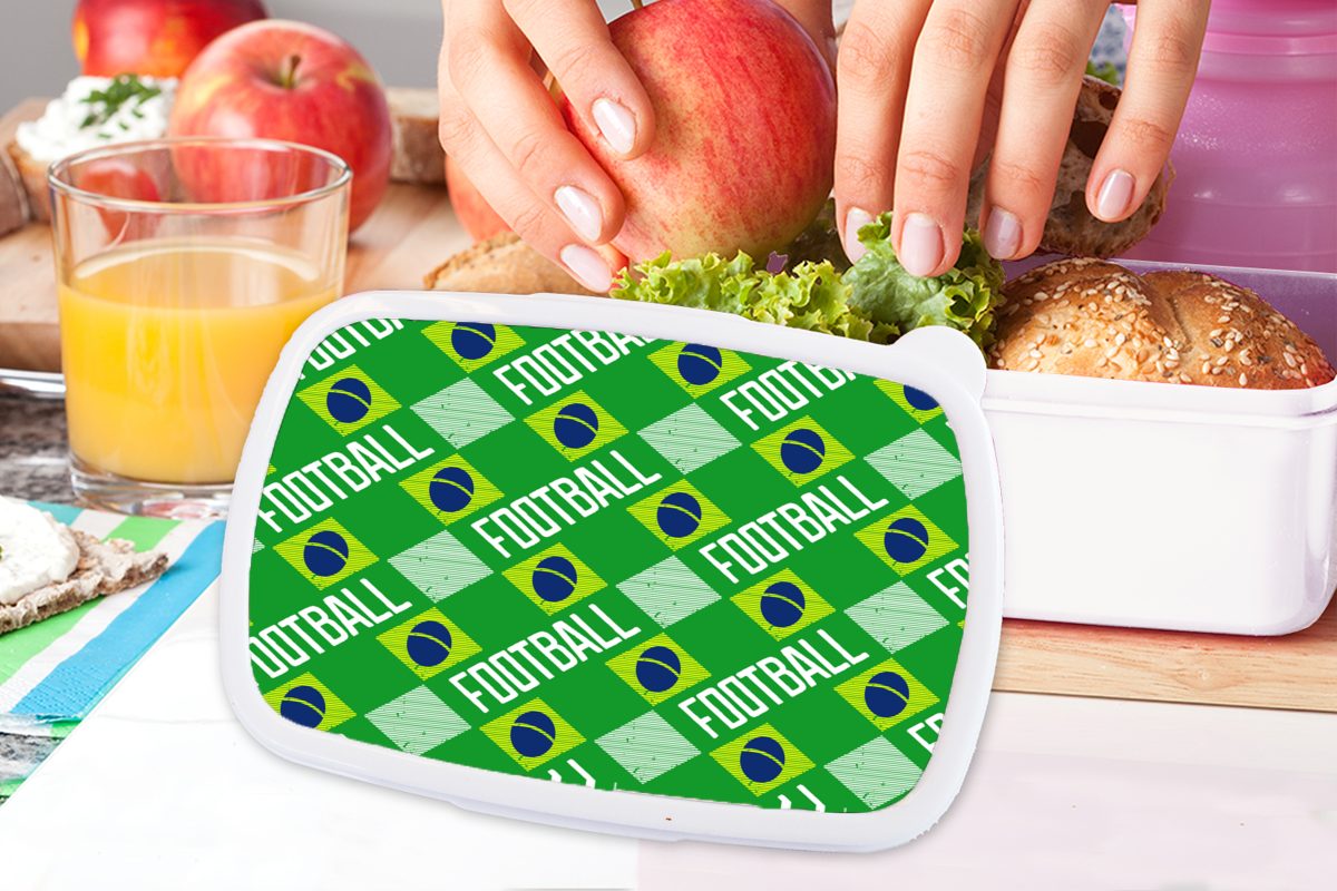 MuchoWow Lunchbox Brasilien - Kinder und für Mädchen Kunststoff, Jungs - Muster, Fußball Erwachsene, (2-tlg), Brotbox weiß für Brotdose, und