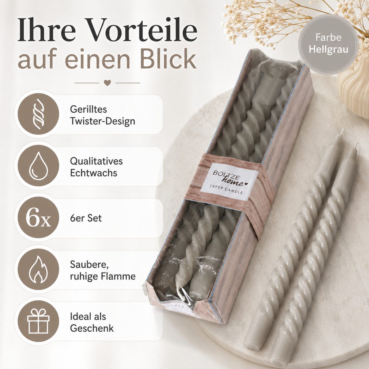 BOLTZE Tafelkerze Stabkerze Twisted 6er-SET