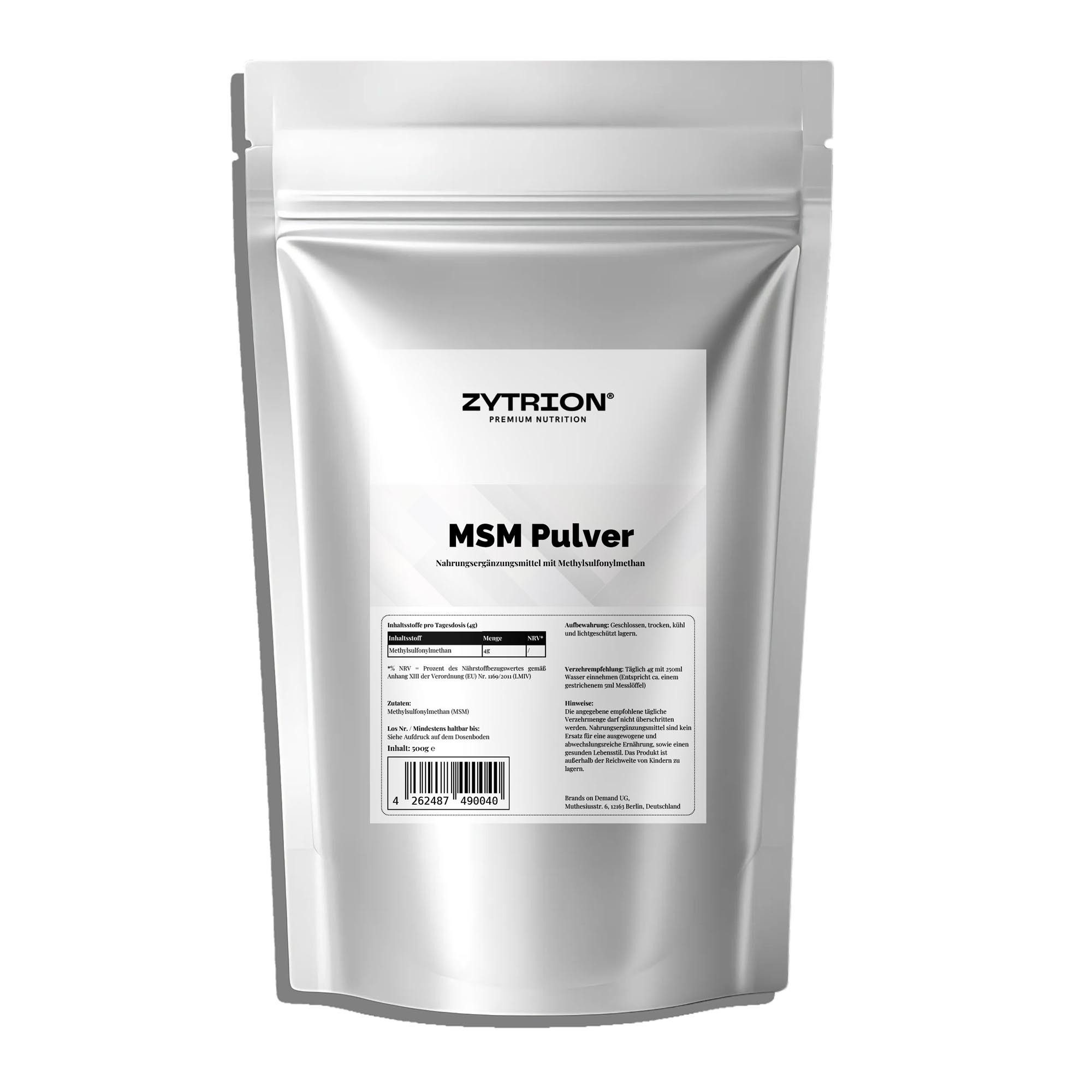 ZYTRION MSM Pulver 500 g – Ohne Zusätze, Vegan, fein gemahlenes Pulver, 500 g, Neutraler Geschmack und gute Löslichkeit