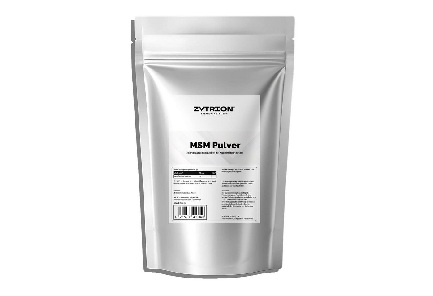 ZYTRION MSM 500 g – Ohne Zusätze, Vegan, fein gemahlenes Pulver, 500 g, Neutraler Geschmack und gute Löslichkeit