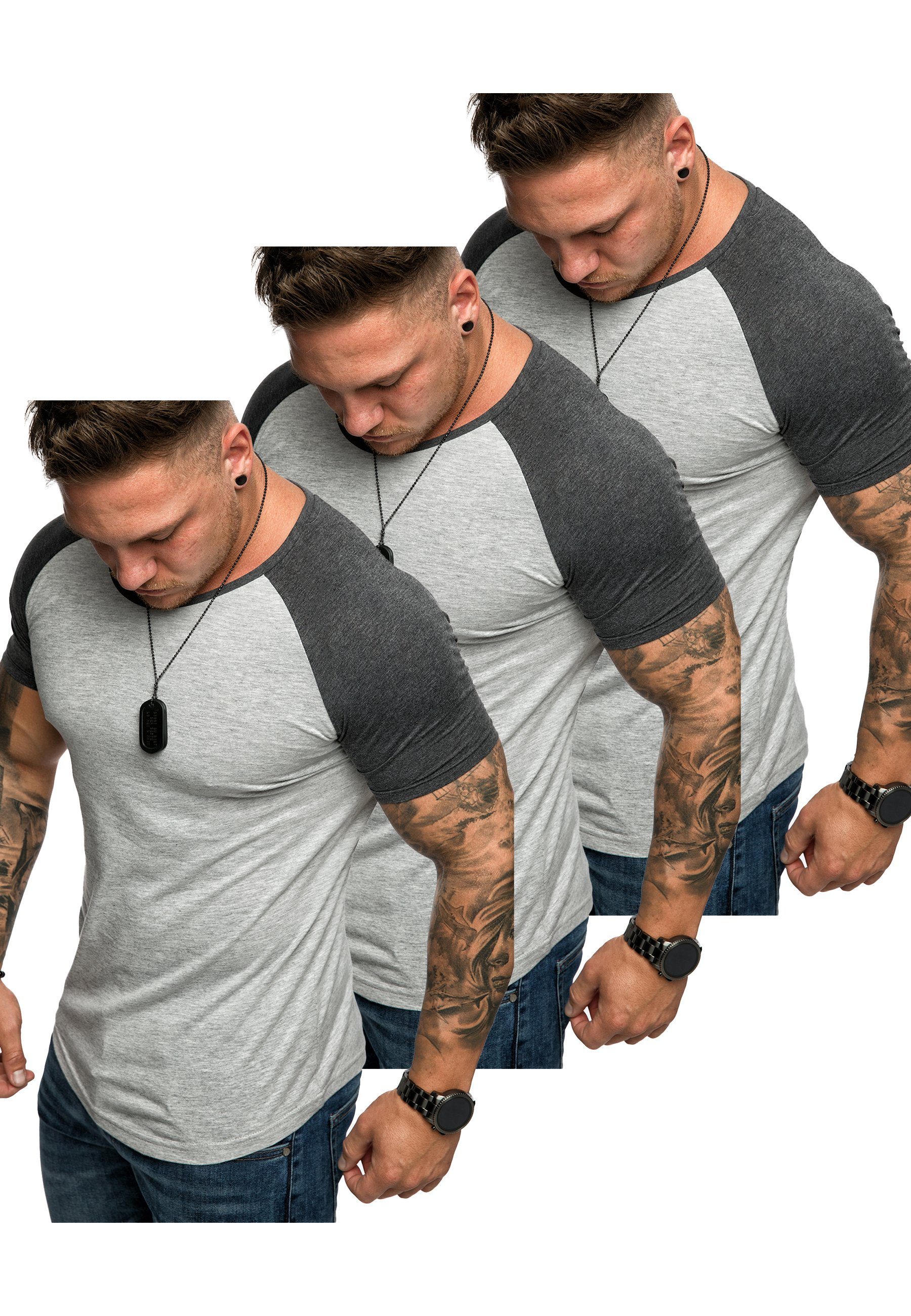 Amaci&Sons T-Shirt 3. OMAHA 3er-Pack T-Shirts (3er-Pack) Herren Basic Oversize Kontrast Raglan T-Shirt (3x Grau/Anthrazit)