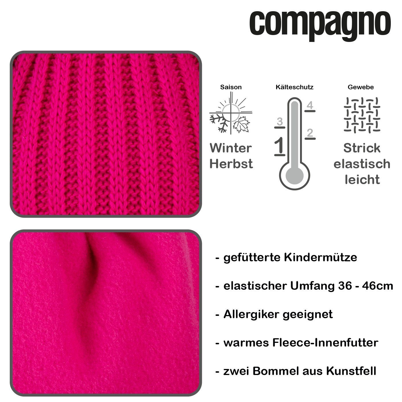 compagno Bommelmütze (1-St) Kindermütze Mädchen Mütze Kinder Strickmütze Wintermütze pink Beanie