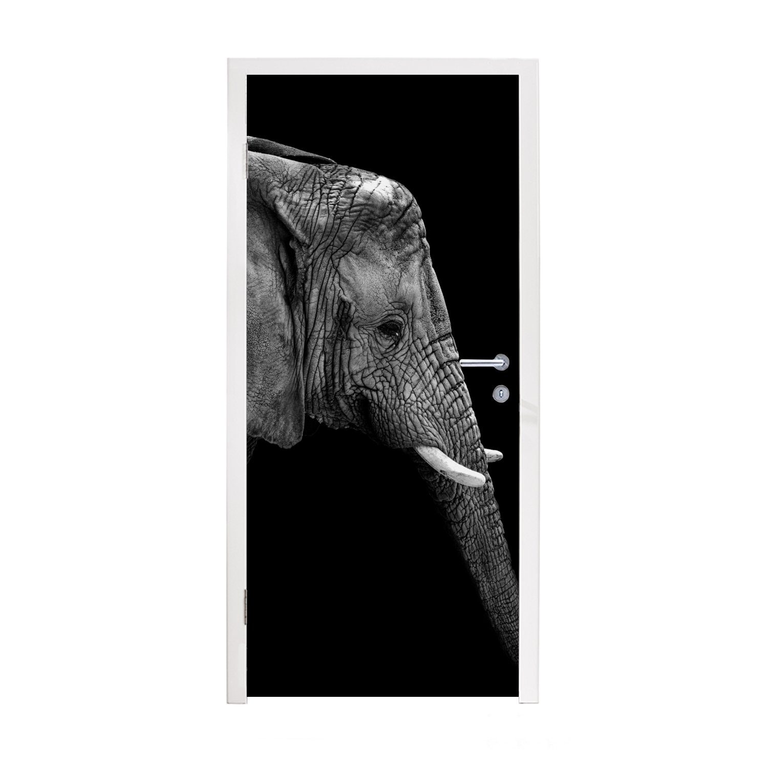 MuchoWow Türtapete Elefant - Schwarz und weiß - Porträt - Tiere, Matt, bedruckt, (1 St), Fototapete für Tür, Türaufkleber, 75x205 cm