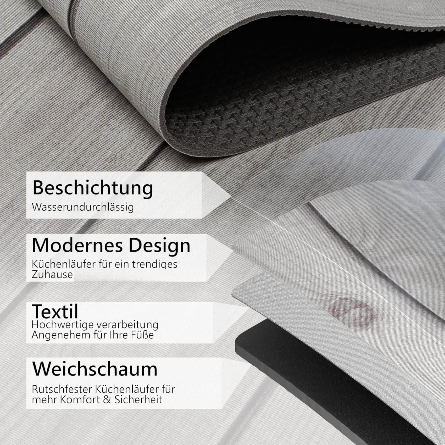 ANRO Küchenläufer RANNA Hochwertig Küchenteppich Teppich Textil, Eckig, Bodenläufer 100x65cm Holz Dielen Grau pflegeleicht – Bild 5 von 5
