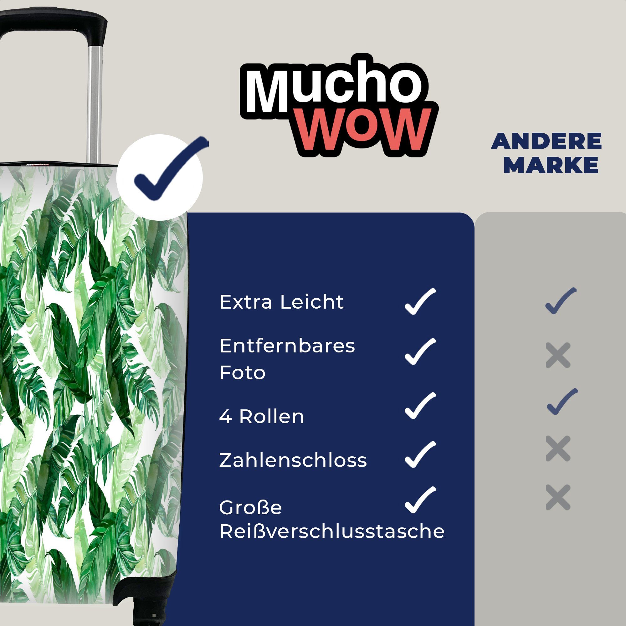 MuchoWow Handgepäckkoffer Vintage - Rollen, 4 Trolley, rollen, Pflanzen, Handgepäck mit für Reisekoffer Ferien, Blätter - Reisetasche