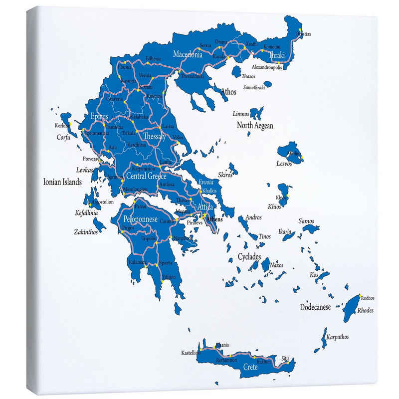 Posterlounge Leinwandbild Editors Choice, Griechenland - Politische Karte, Wohnzimmer Illustration