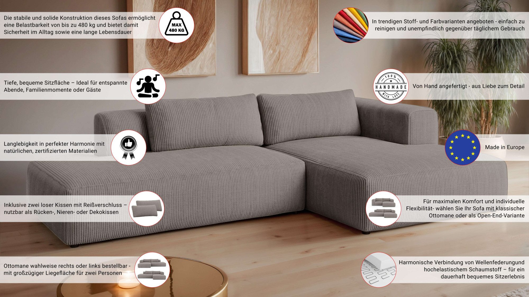 OTTO home Ecksofa TIARRA Design-Sofa mit Ottomane recht/links bestellbar, Breite 287 cm, L-Form mit hochelastischer Schaum und Wellenunterfederung