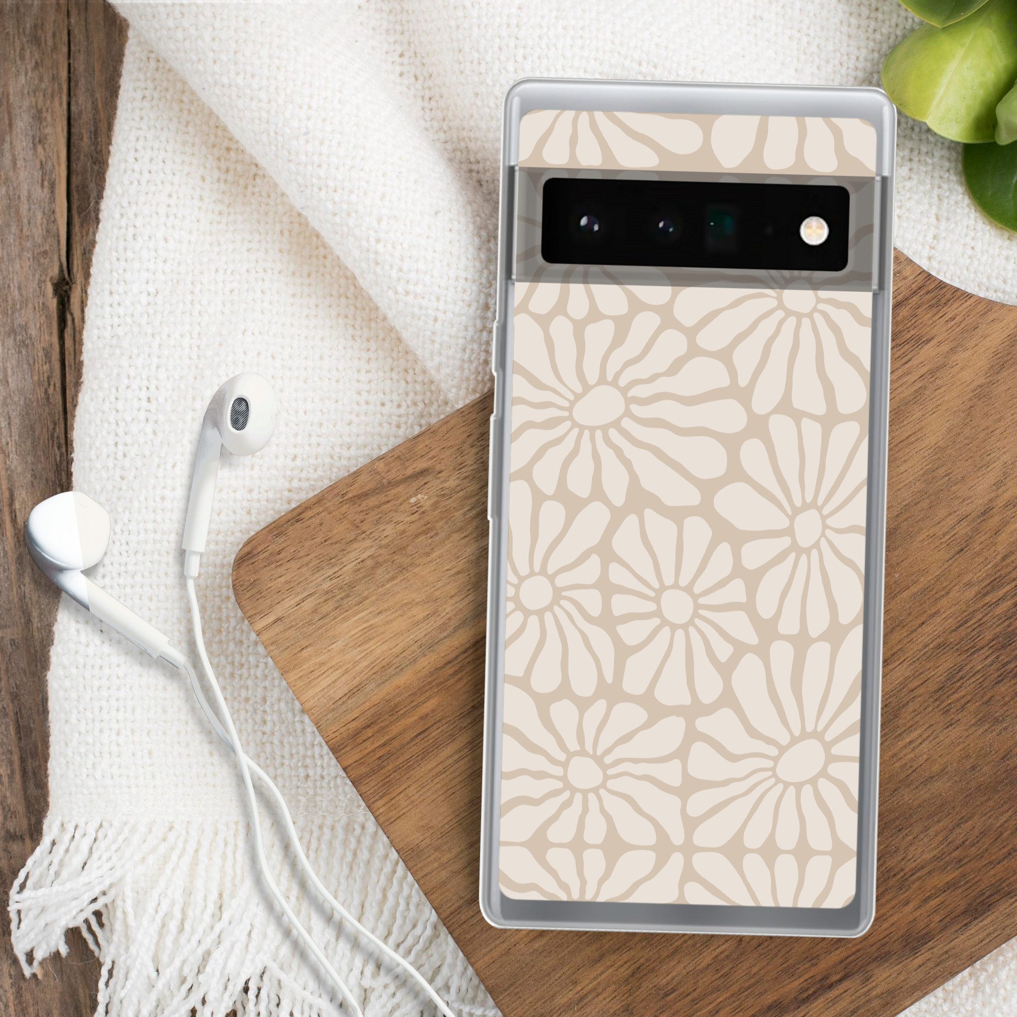 MuchoWow Handyhülle für Google Pixel 6 Pro Floral - Druck - Beige - Braun - Minimalistisch, Handy Case, Silikon, Bumper Case Dünn