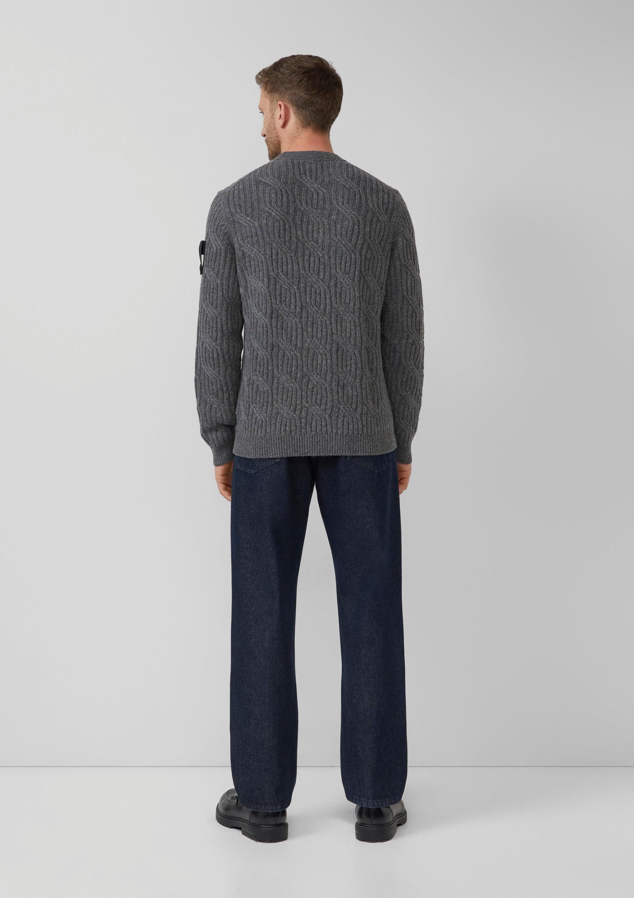 s.Oliver Longpullover Strickpullover Strickpullover aus 100% Wolle mit Zopfmuster und Ärmel-Patch