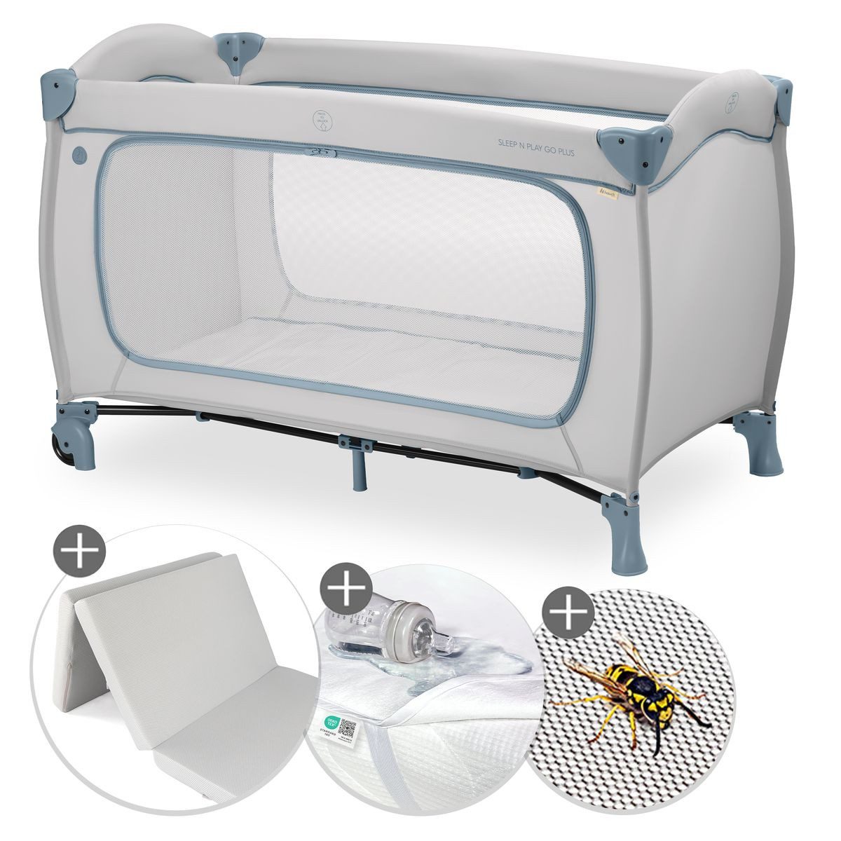 Hauck Baby-Reisebett Sleep N Play Go Plus Set - Dusty Blue, Baby Kinderreisebett mit Matratze, Betteinlage & Insektenschutz