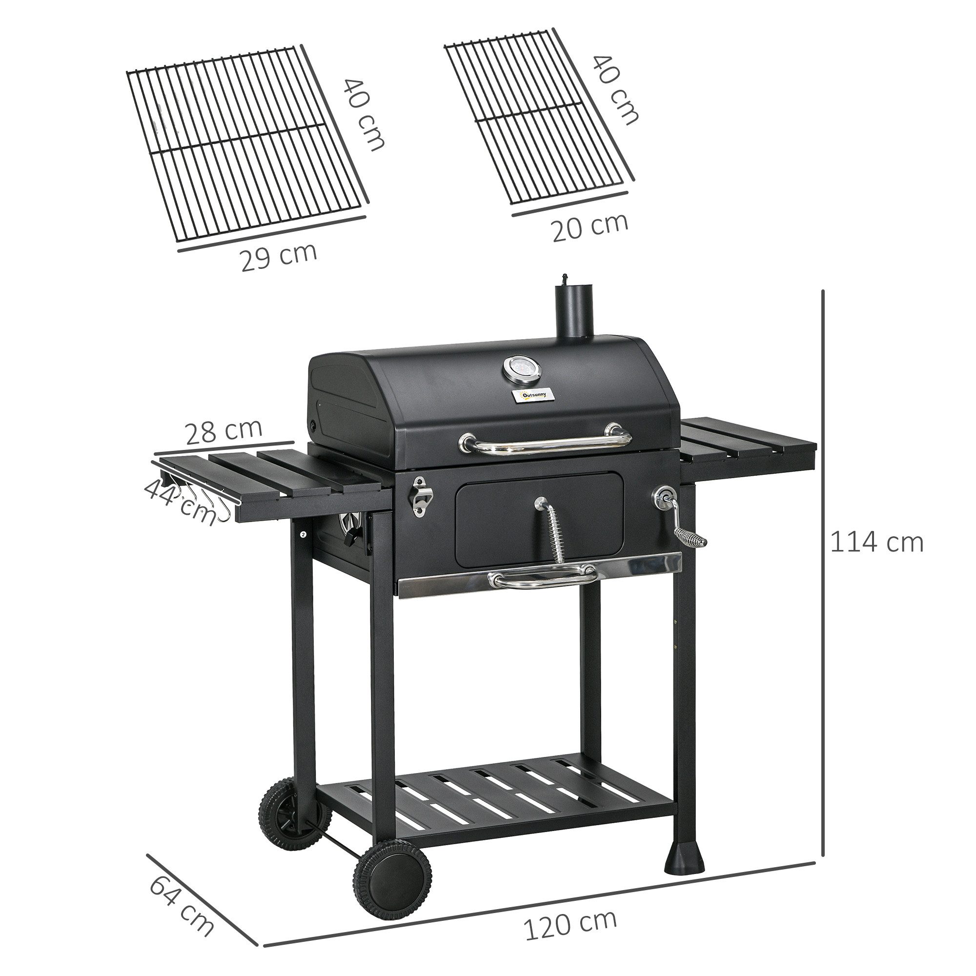 Outsunny Holzkohlegrill BBQ Grill mit zwei Grillrost, klappbar Seitenablage, Campinggrill, Grillwagen, für BBQ, Edelstahl, Schwarz, 120 x 64 x 114 cm