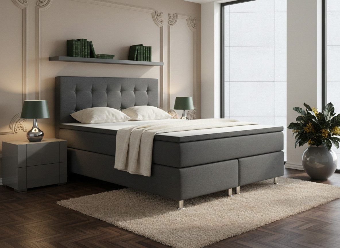 M-Punkt24 Boxspringbett Boxspringbett MONZA 180x200 cm (Grau / Anthrazit, mit 7 Zonen Taschenfederkern-Matratze, inkl. Topper), SOFORT LIEFERBAR