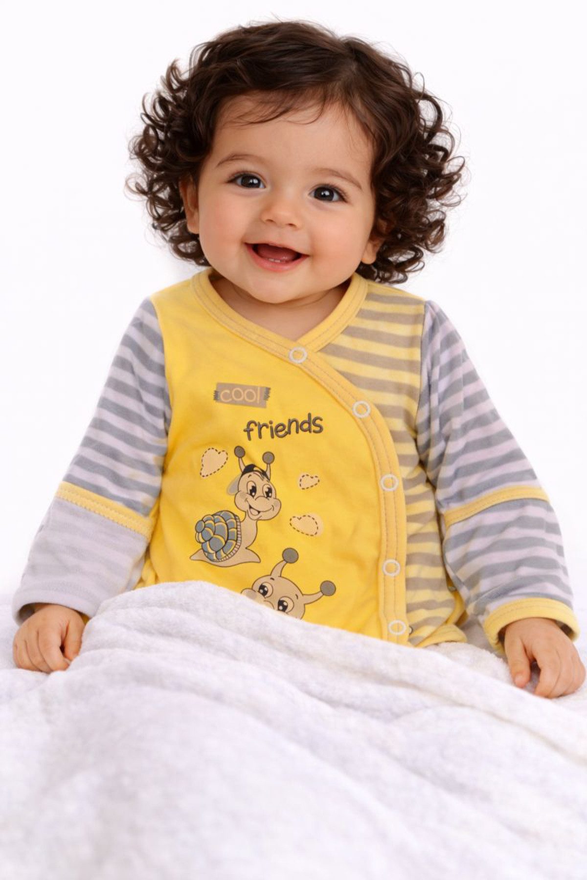 La Bortini Langarmbody Baby Wickelbody mit Kratzschutz Body langarm in Gelb mit Schnecke aus reiner Baumwolle, 44 50 56 62 68 74