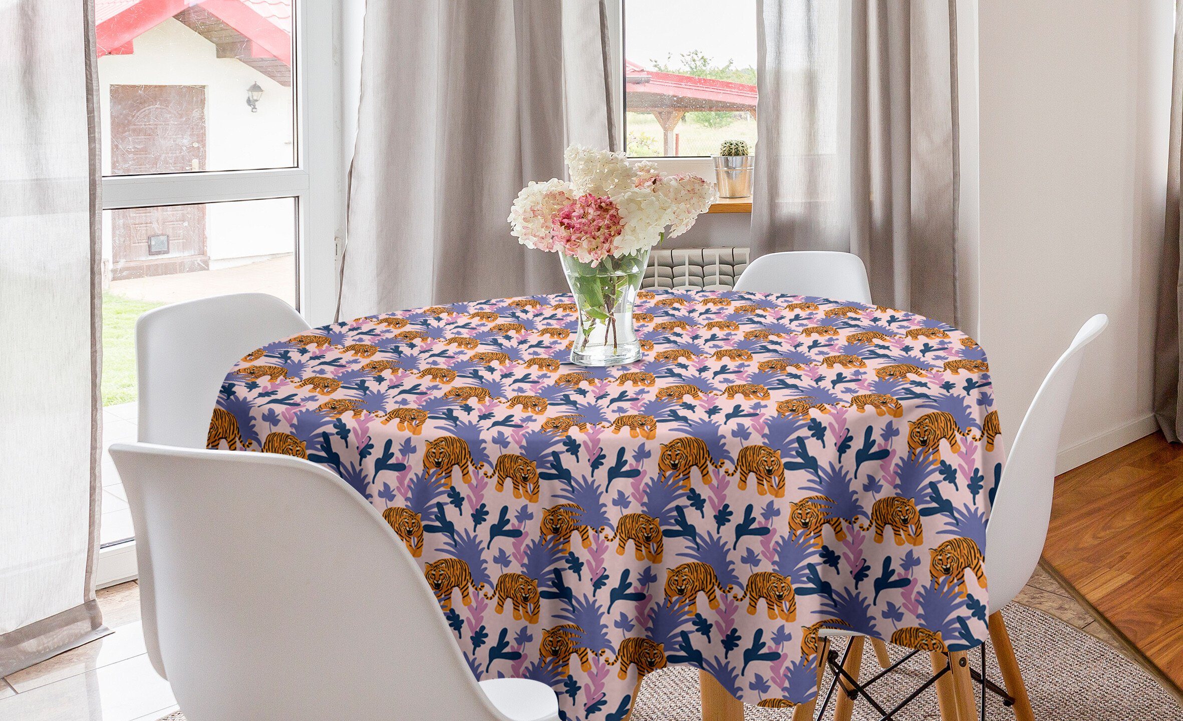 Abakuhaus Tischdecke Kreis Tischdecke Abdeckung für Esszimmer Küche Dekoration, Löwe König des Dschungels und Büsche