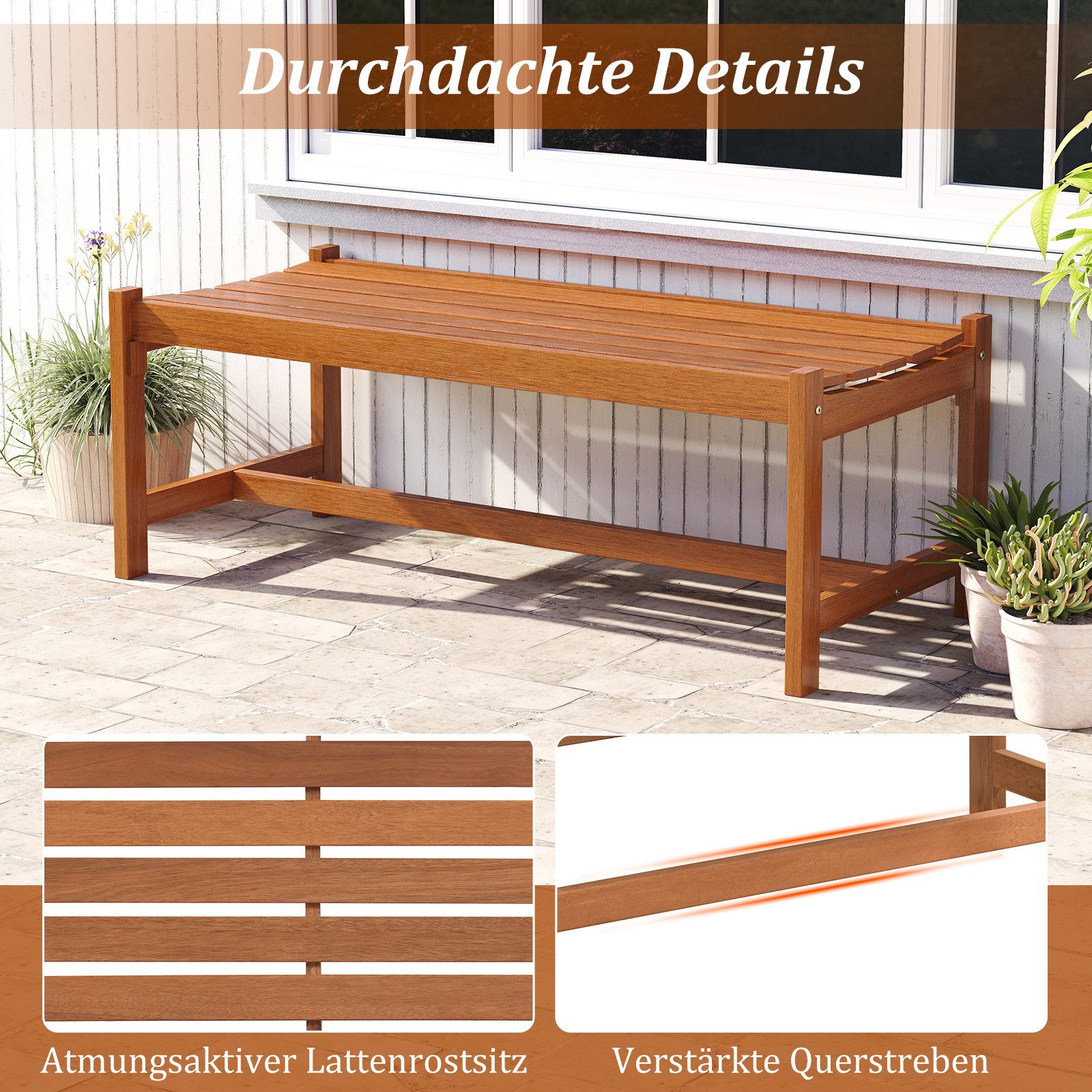 COSTWAY Gartenbank (1-St), Holz Wetterfest Sitzbank ohne Lehne, 2-Sitzer 112cm