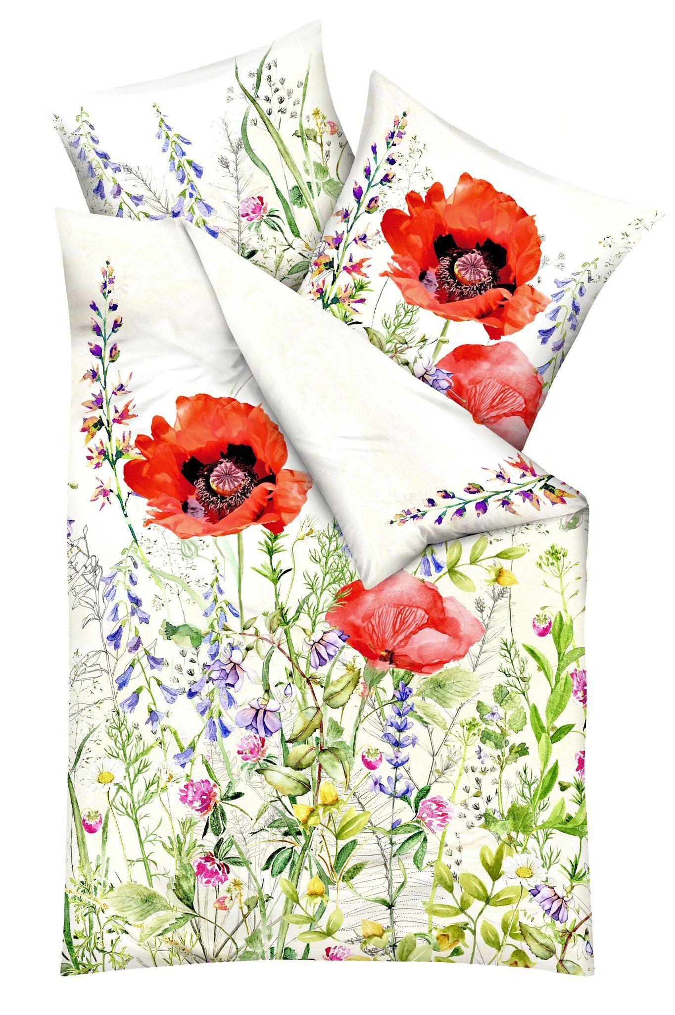 JACK Bettwäsche 135x200cm Summer Fields Rot Mohn Kaeppel, Satin, 2 teilig, hochwertiger Digitaldruck mit einem frischen Blumenmotiv, Baumwolle